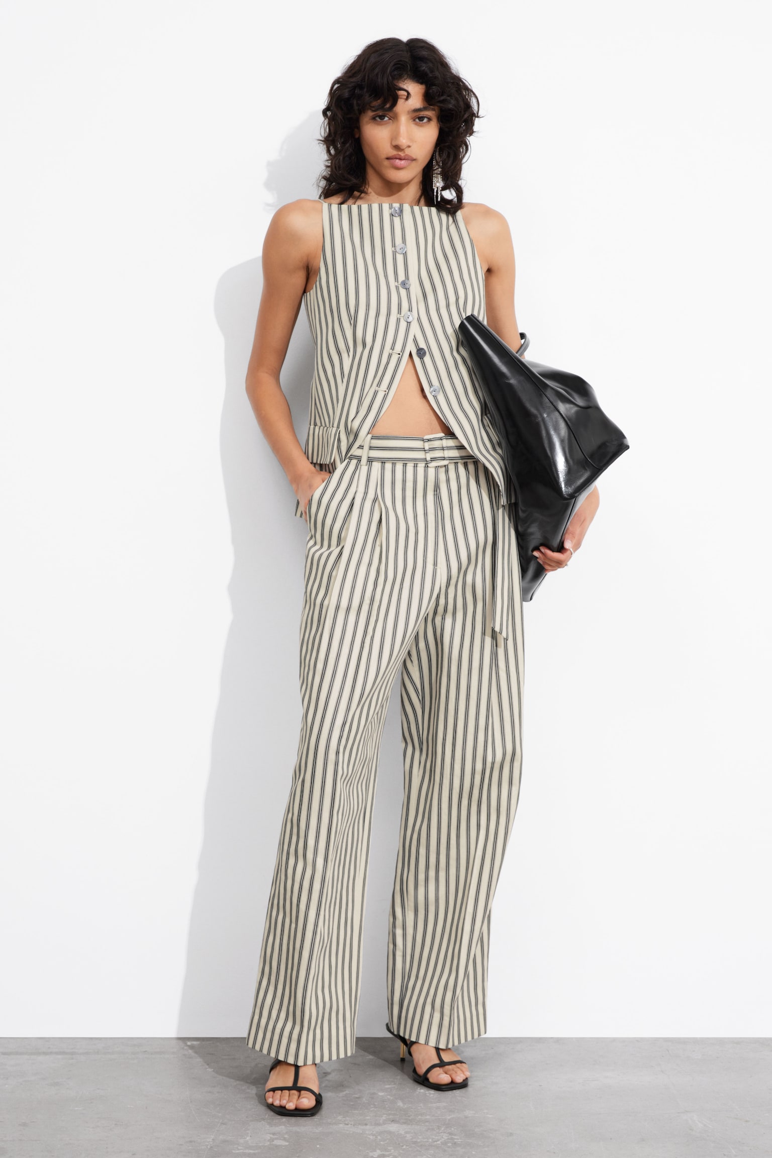 Striped Tailored Trousers - Beige/Black Stripes - 1