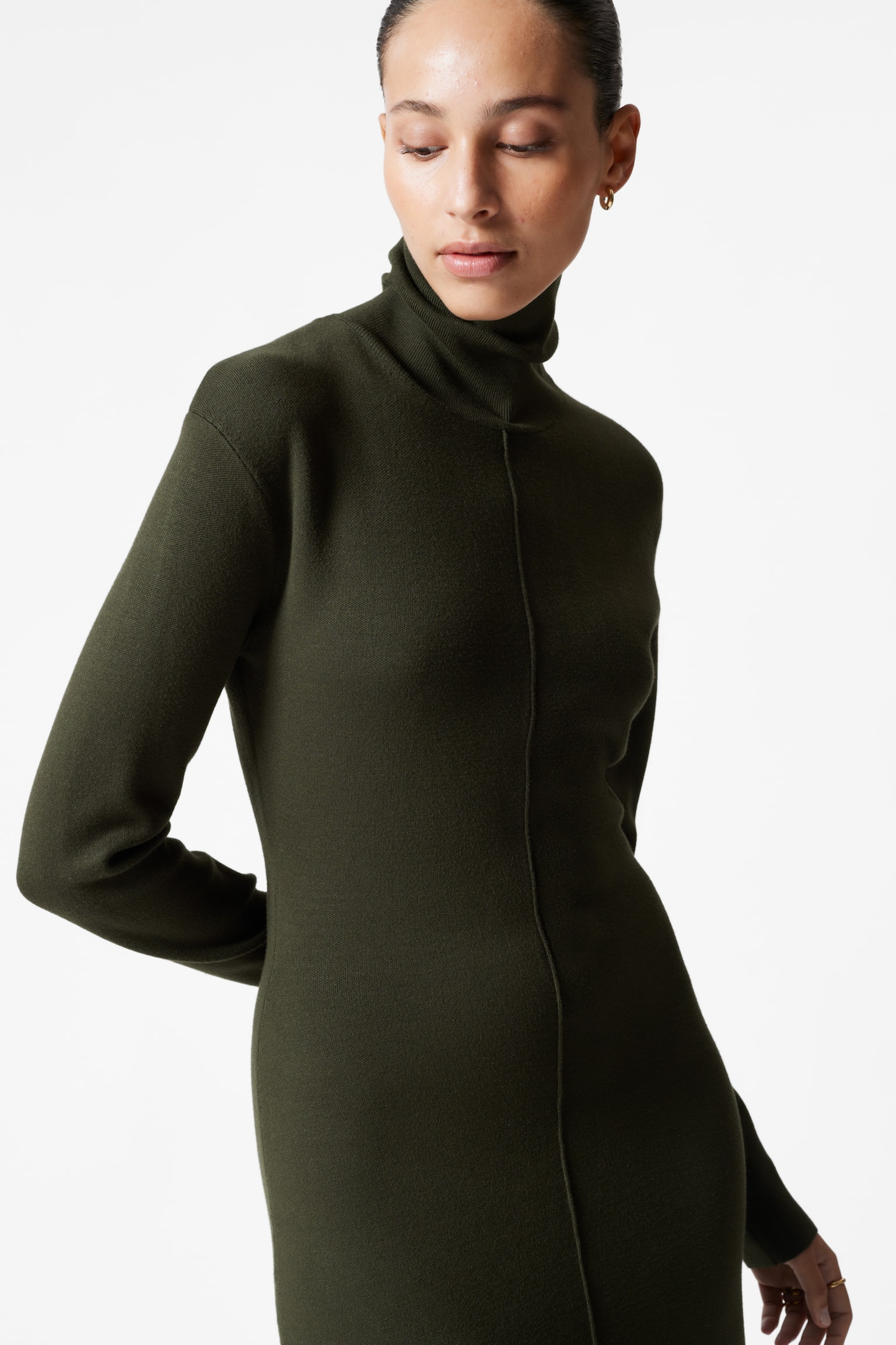 Knitted Roll-Neck Midi Dress - Dark Green - 4