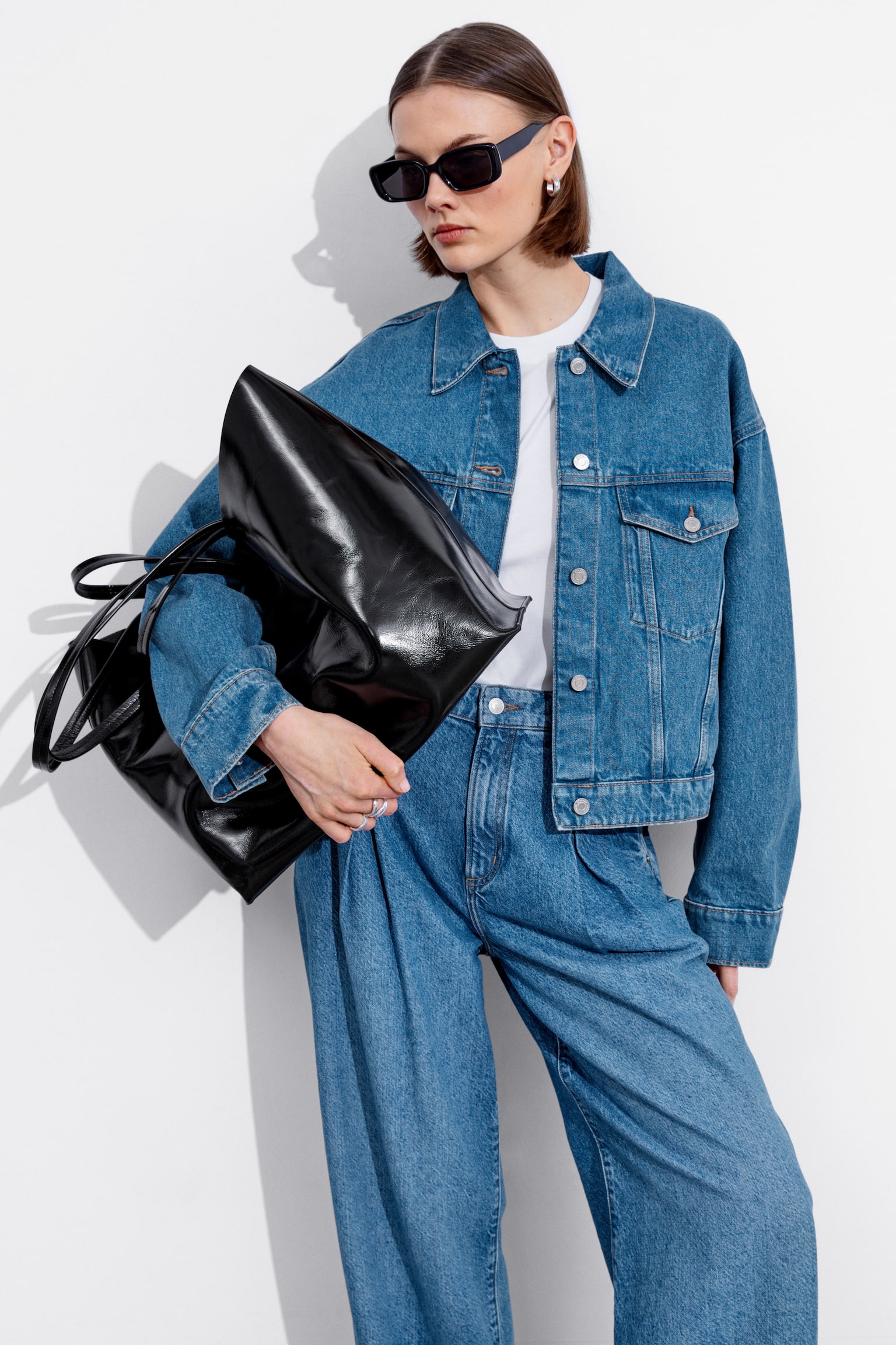 Boxy Denim Jacket - Mid Blue/Black - 1