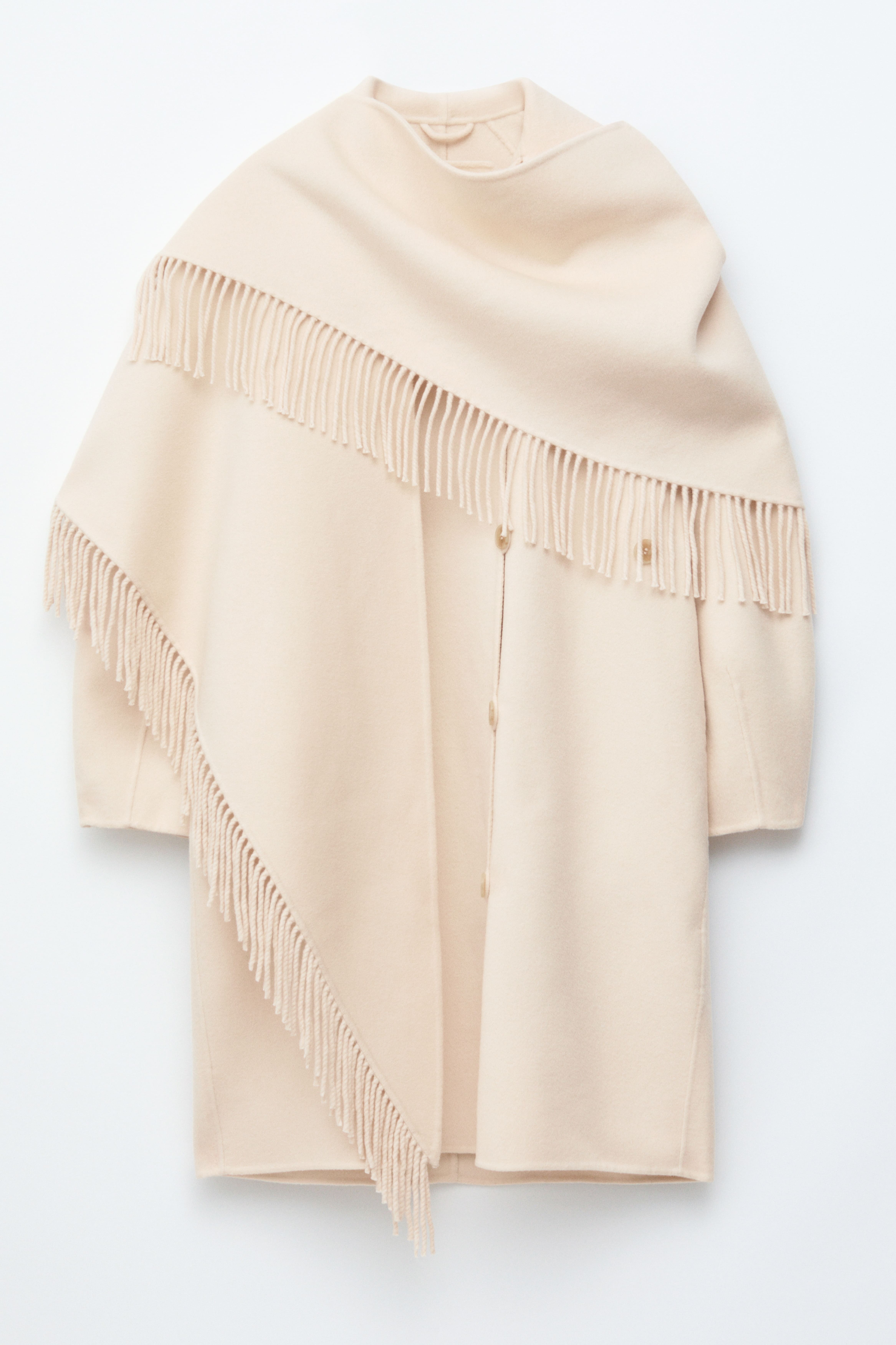 Cappotto in lana con collo sciallato con frange - Crema/Nero