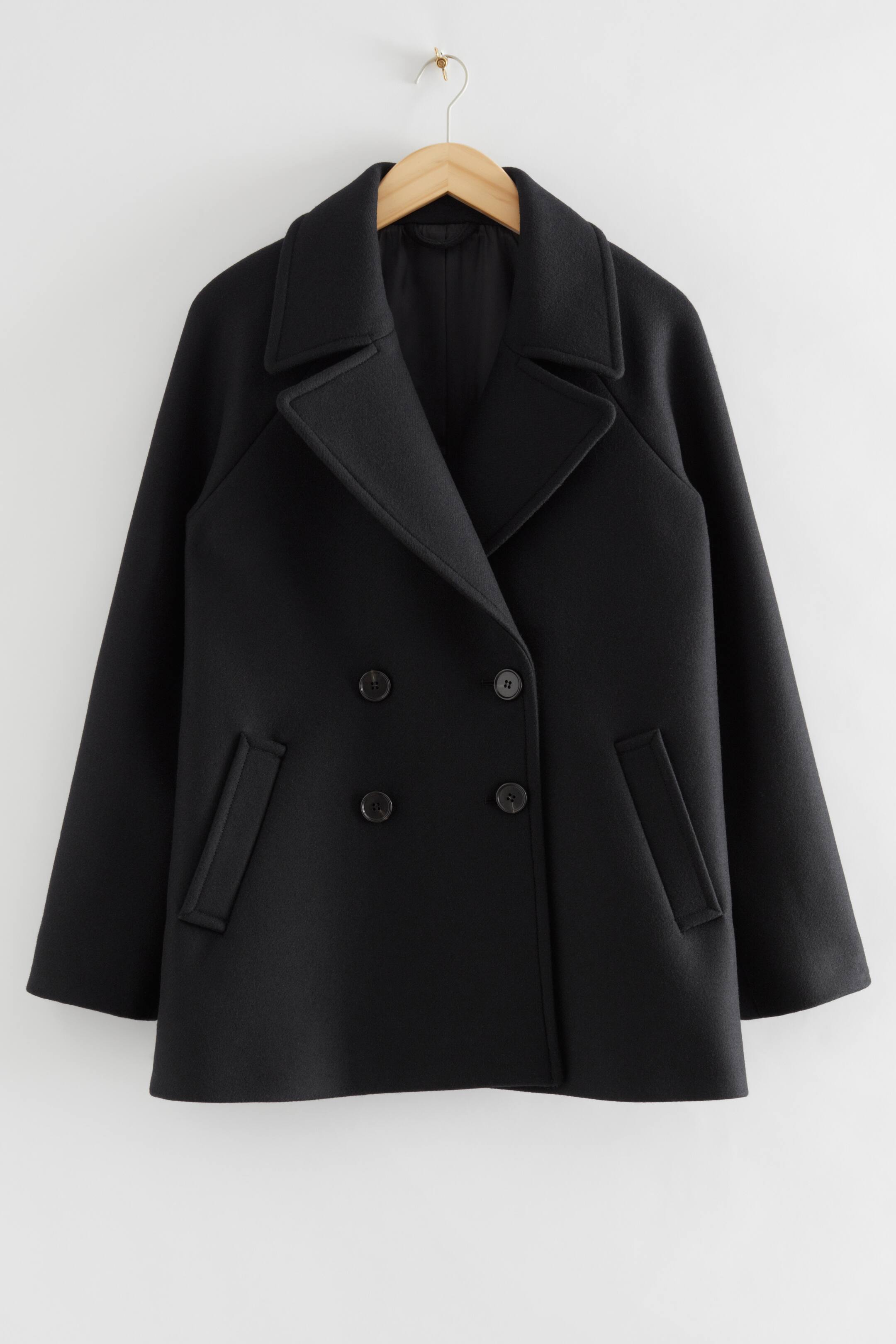 DoubleBreasted Wool Pea Coat Vneck Long sleeve Black Ladies