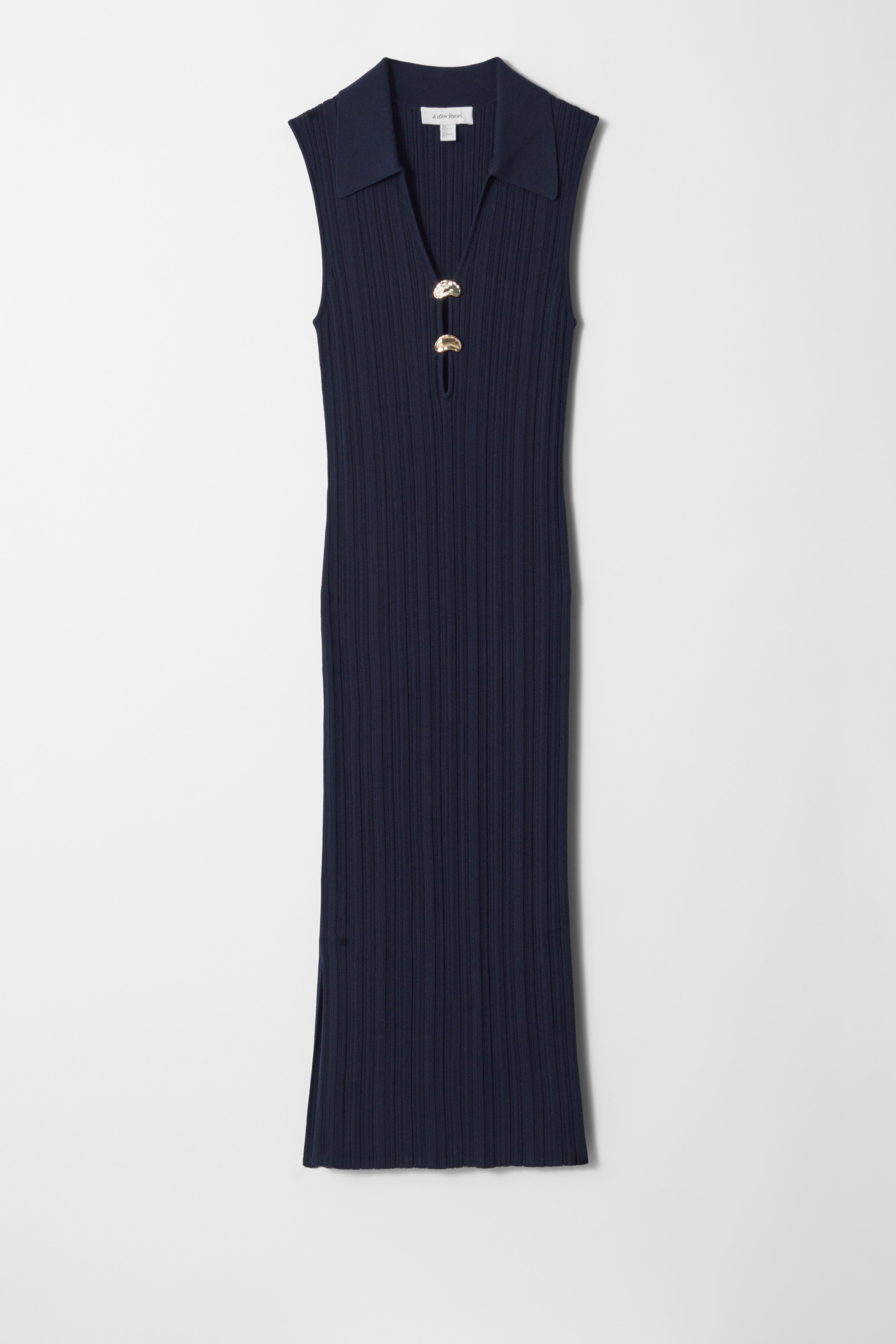 Ribgebreide midi-jurk met kraag - Donkerblauw