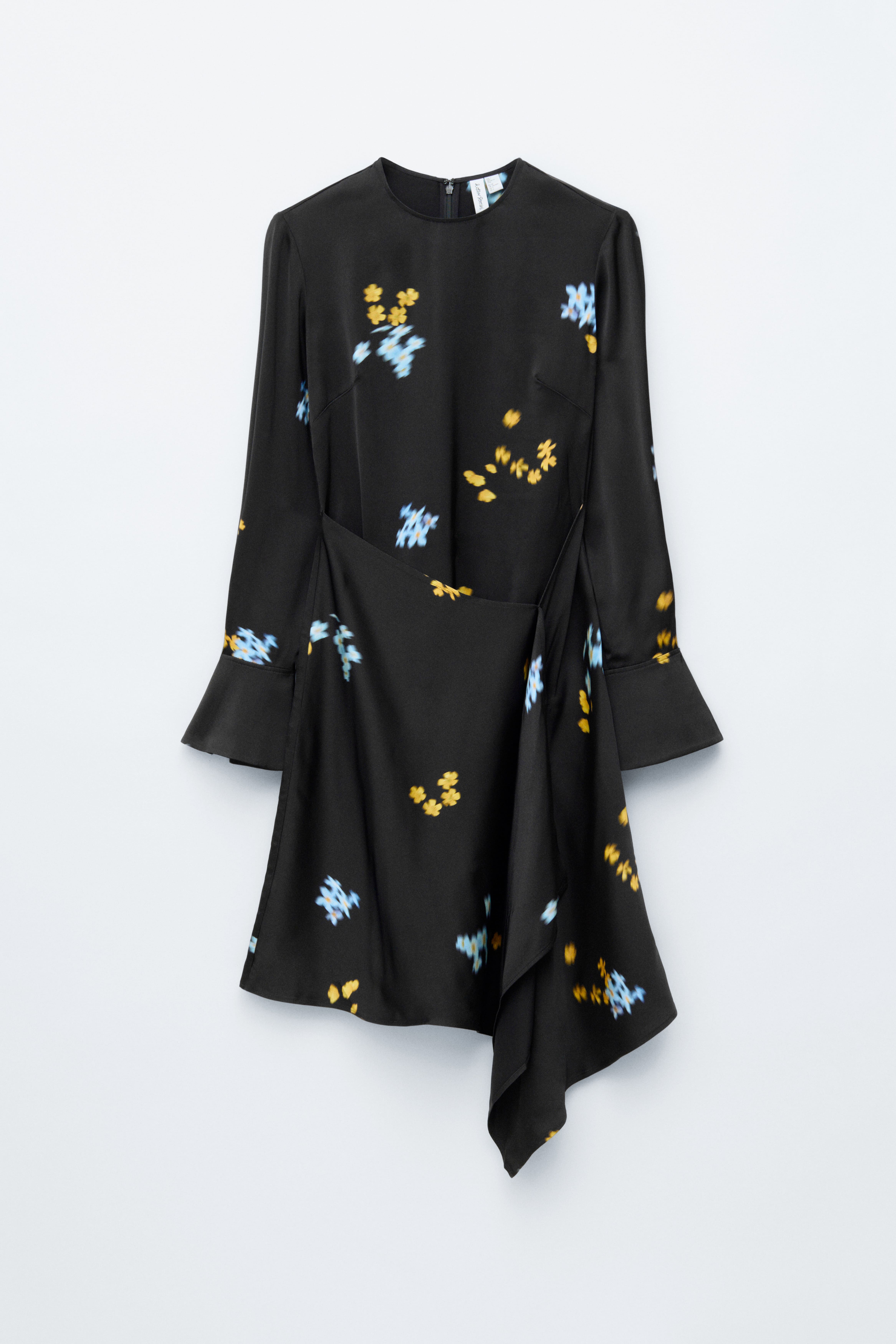 Asymmetrisches, langärmliges Minikleid - Schwarz/Geblümt/Silbergrau