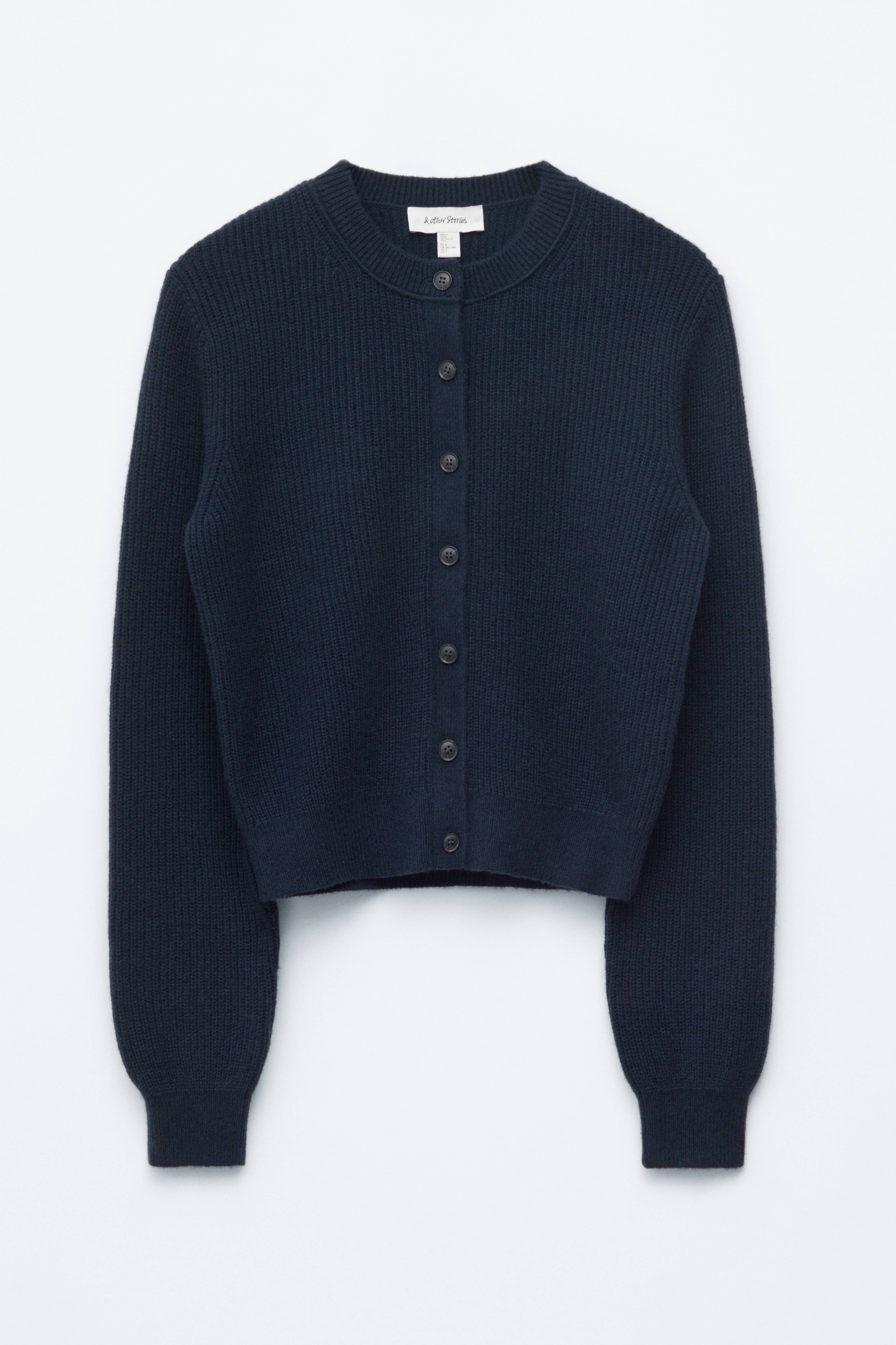 Ribbestrikket cardigan - Marineblå/Grønn/Grå melange