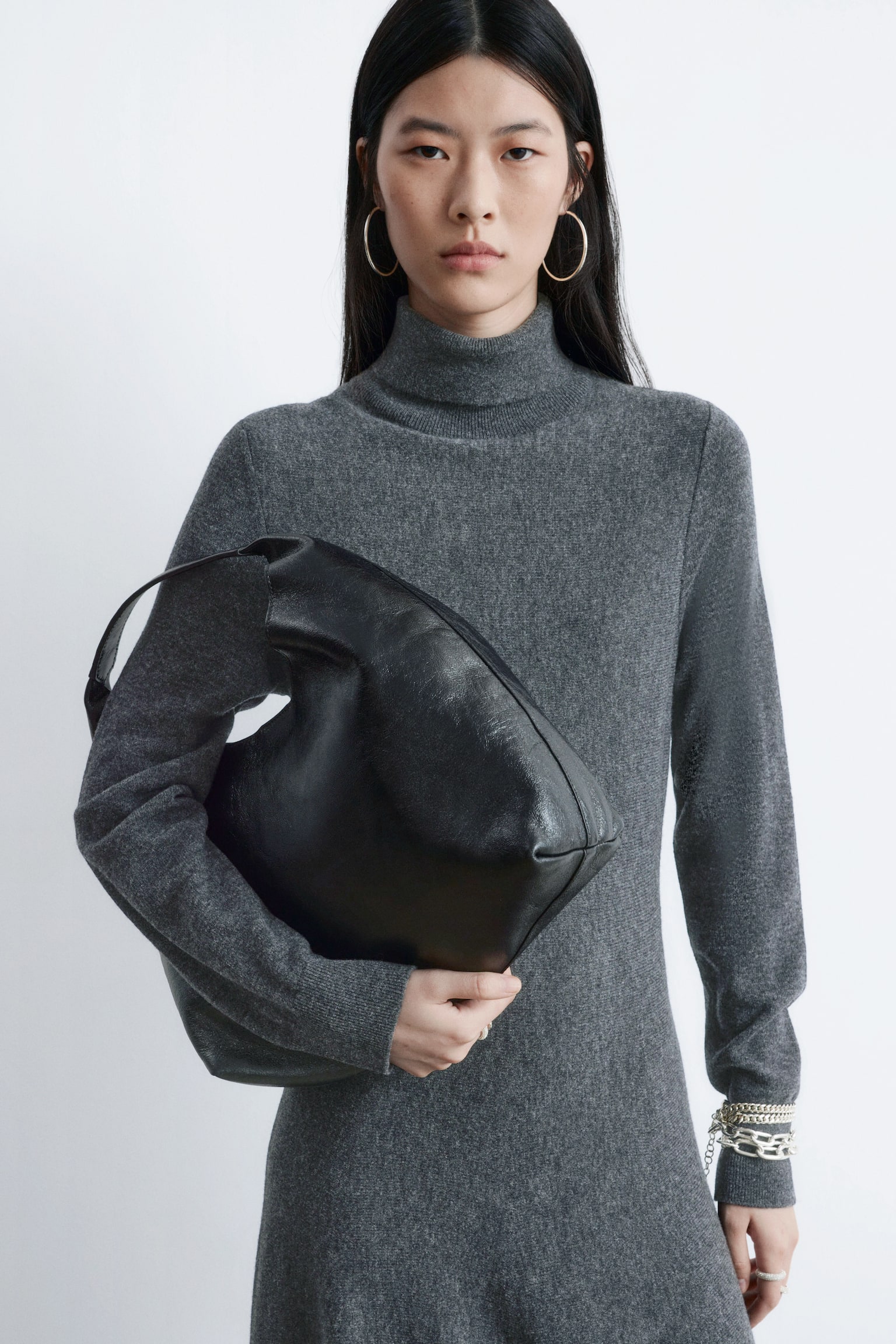 Класическа кожена чанта - Черен/Махагон/Черно - 6