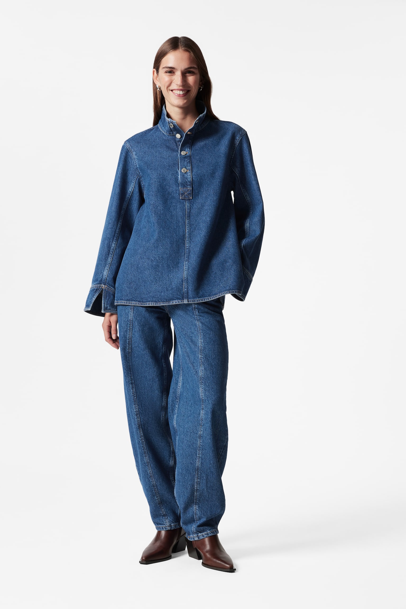 Funnel-Neck Denim Shirt - Blue - 3