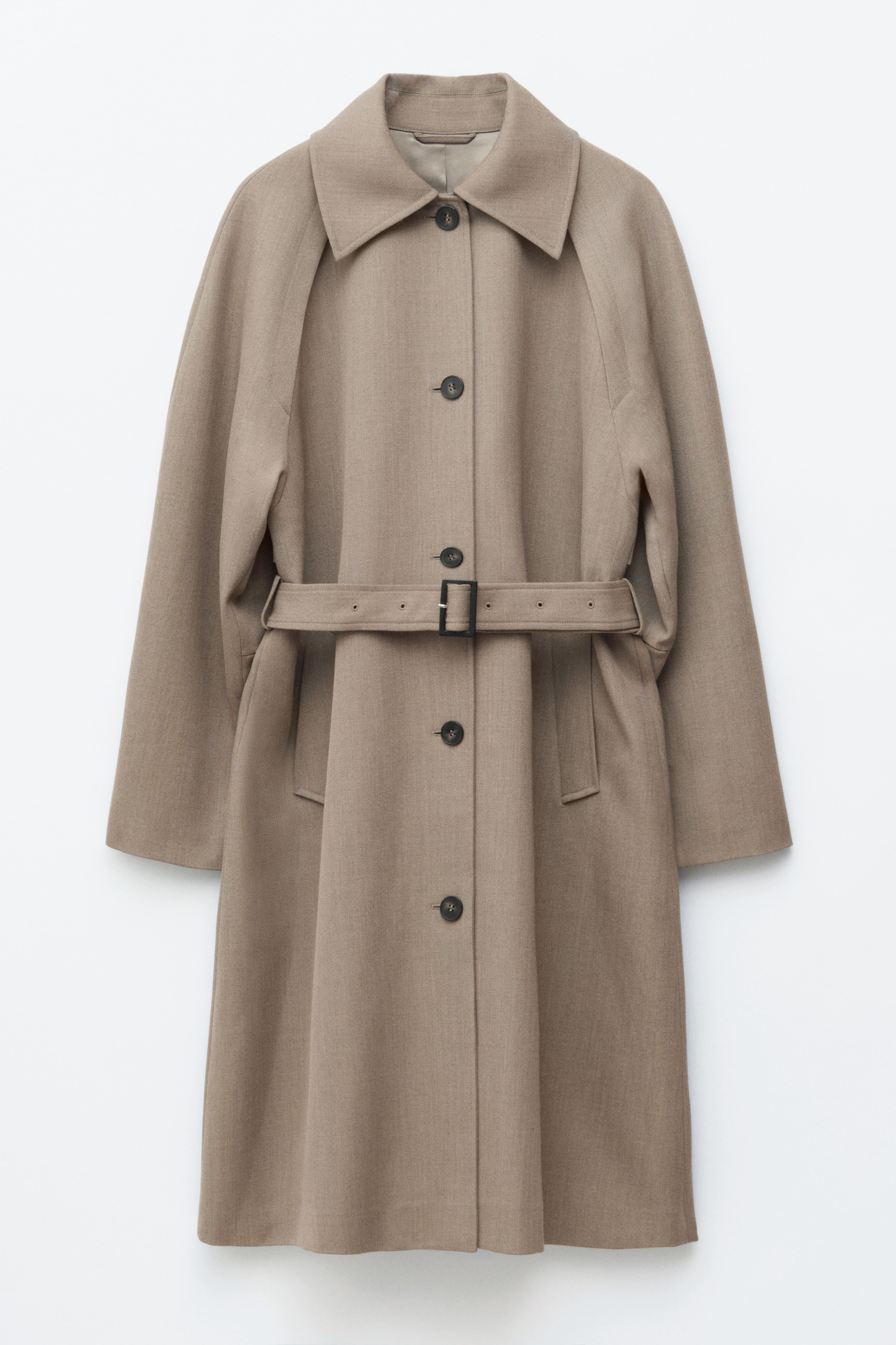 Trenchcoat van wol met strikceintuur - Taupe/Zwart