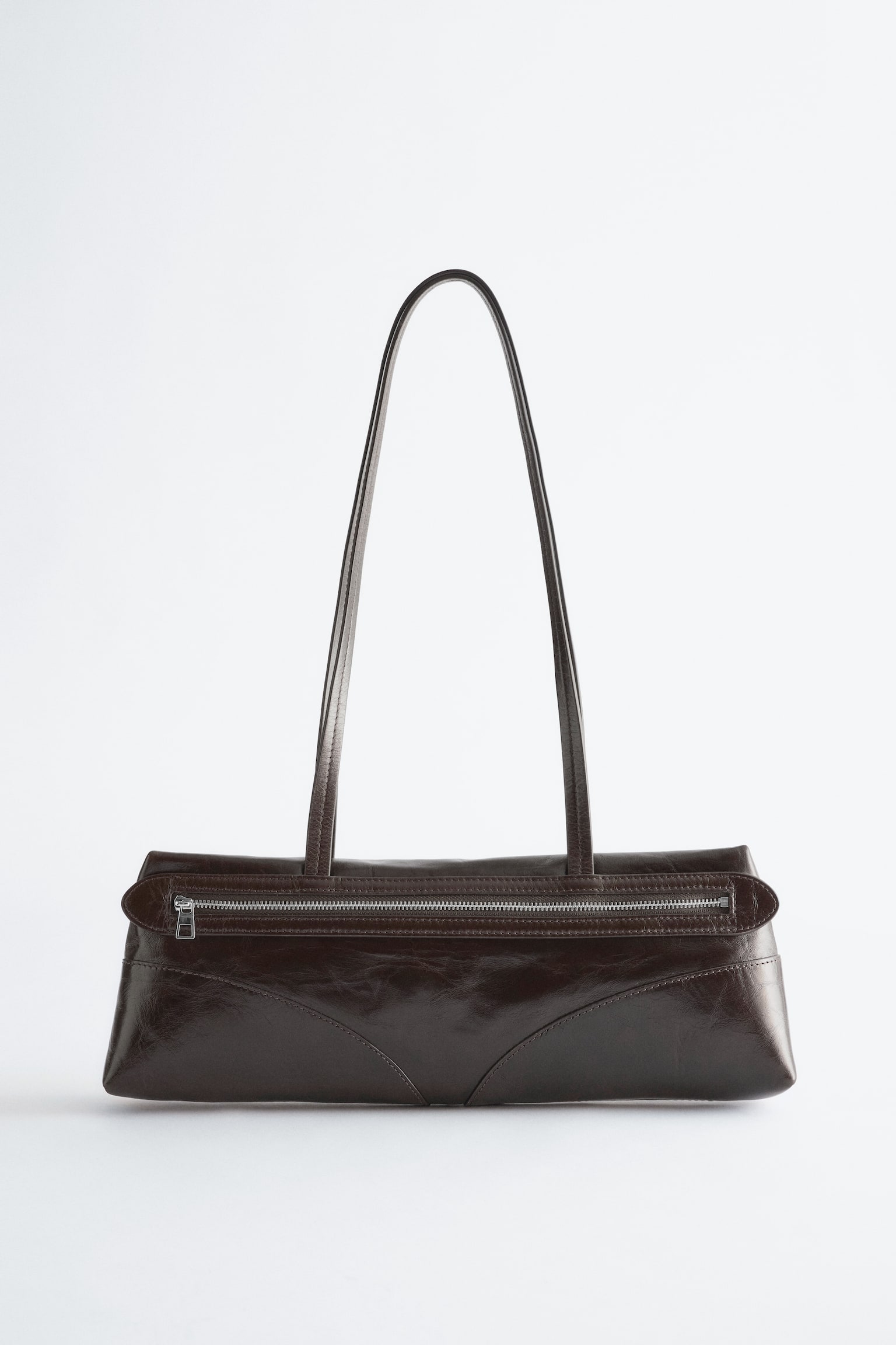 Sac porté épaule allongé en cuir - Cuir brun foncé/Daim vert kaki/Daim jaune vif