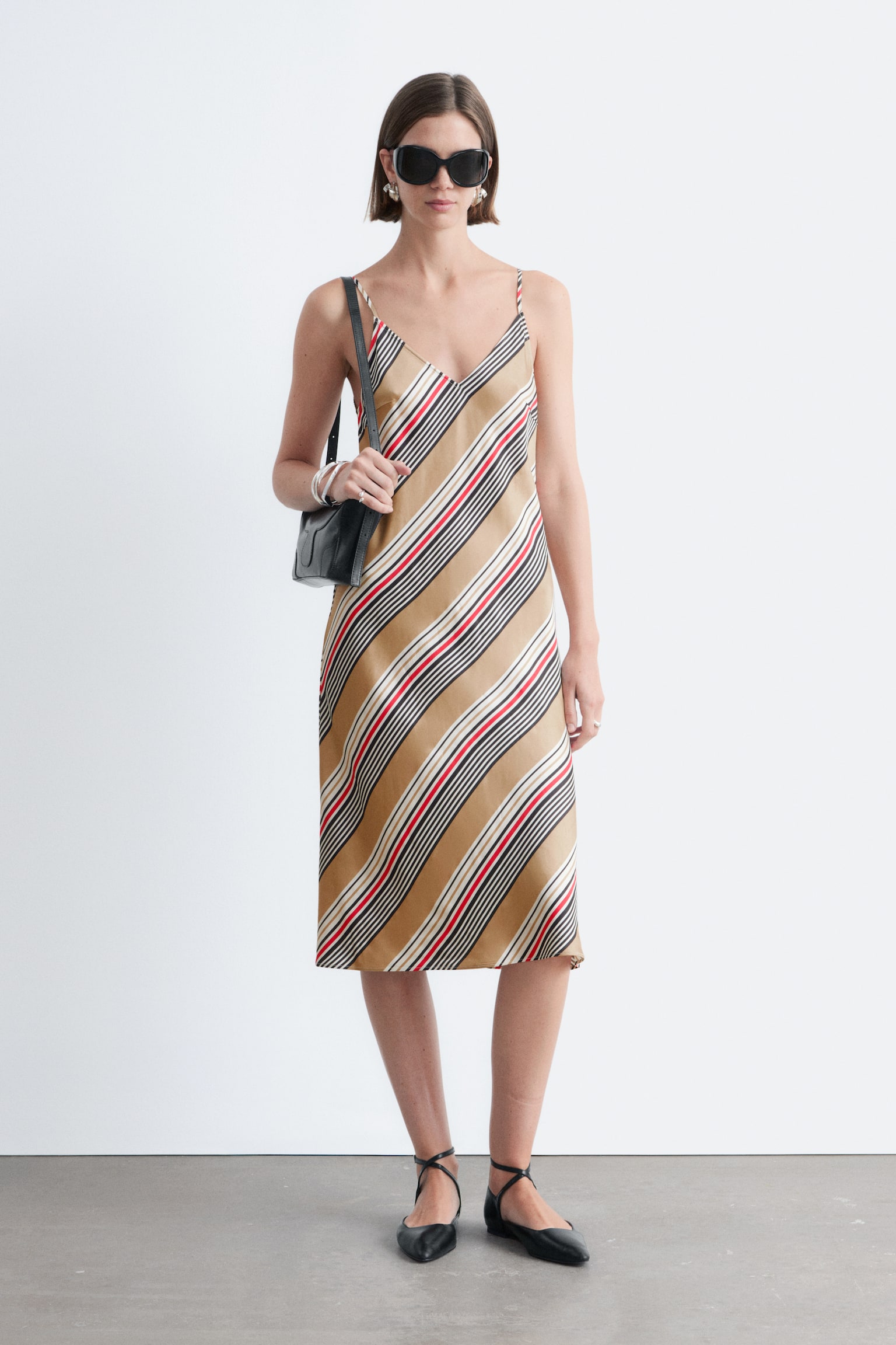 Abito sottoveste midi in raso - Beige/Righe grafiche - 1