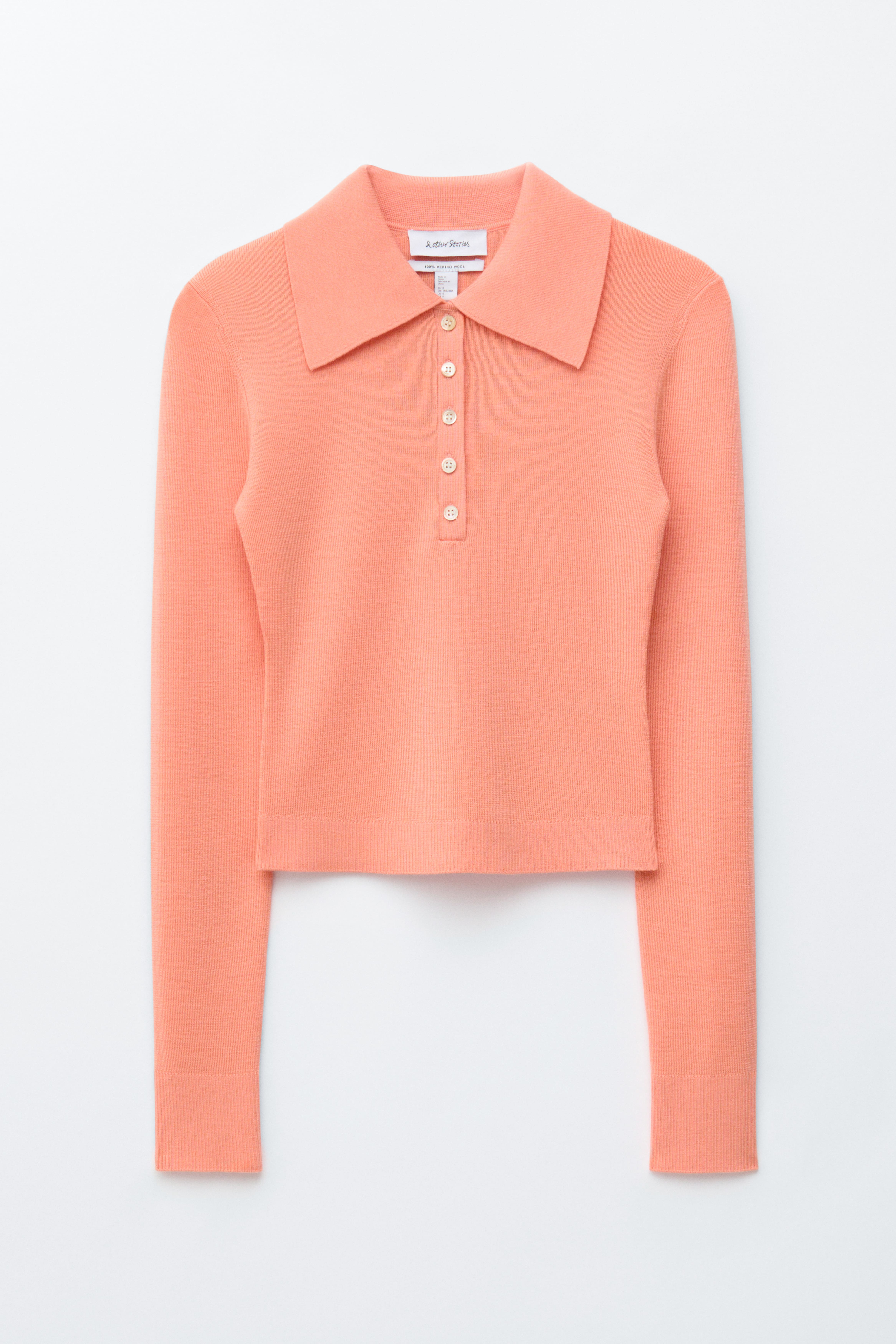 Rippstrick-Poloshirt aus Merinowolle - Pfirsich/Grau meliert/Dunkelbraun