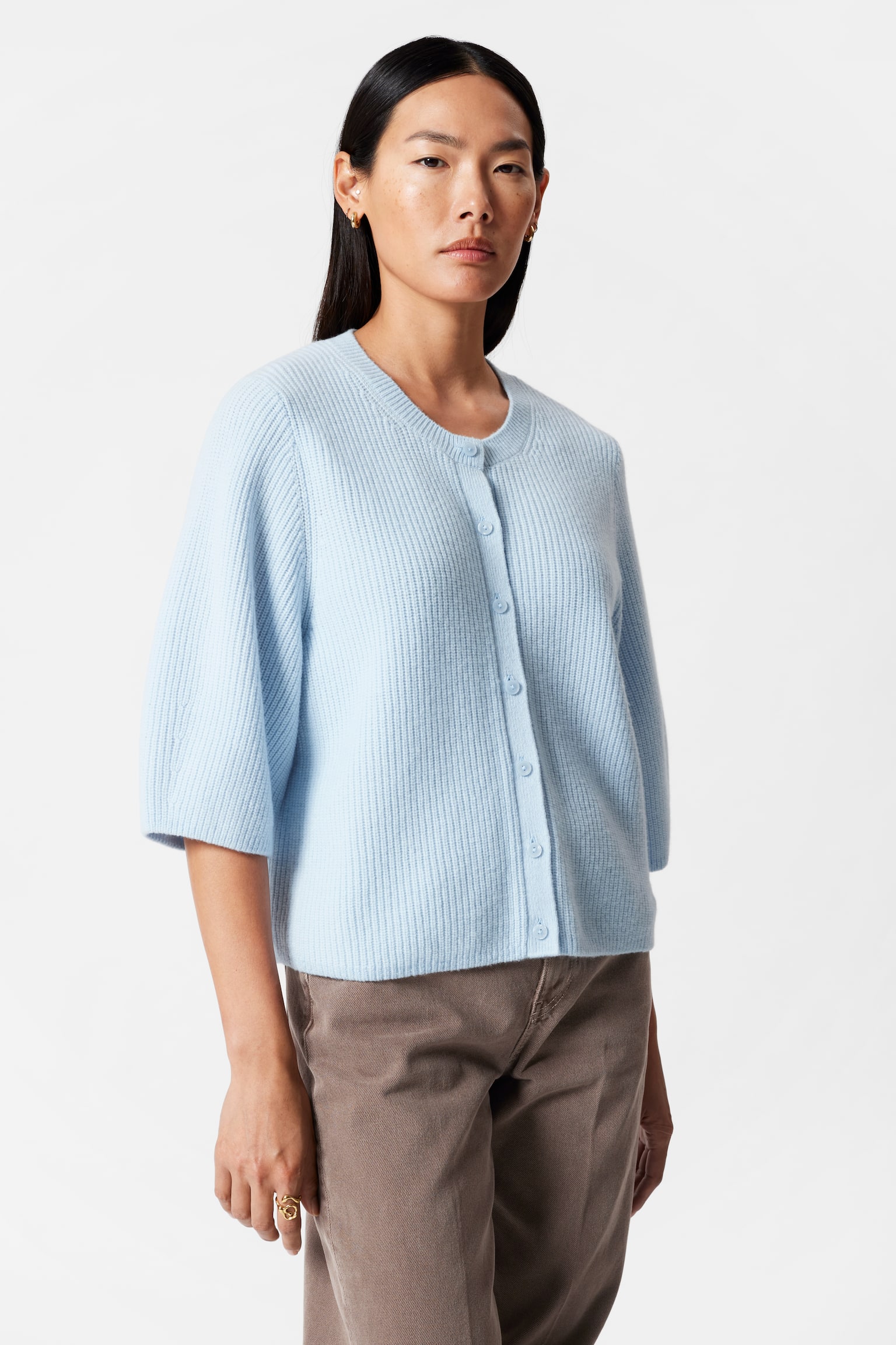 Merino Rib-Knit Cardigan - Light Blue/White/Mole - 1