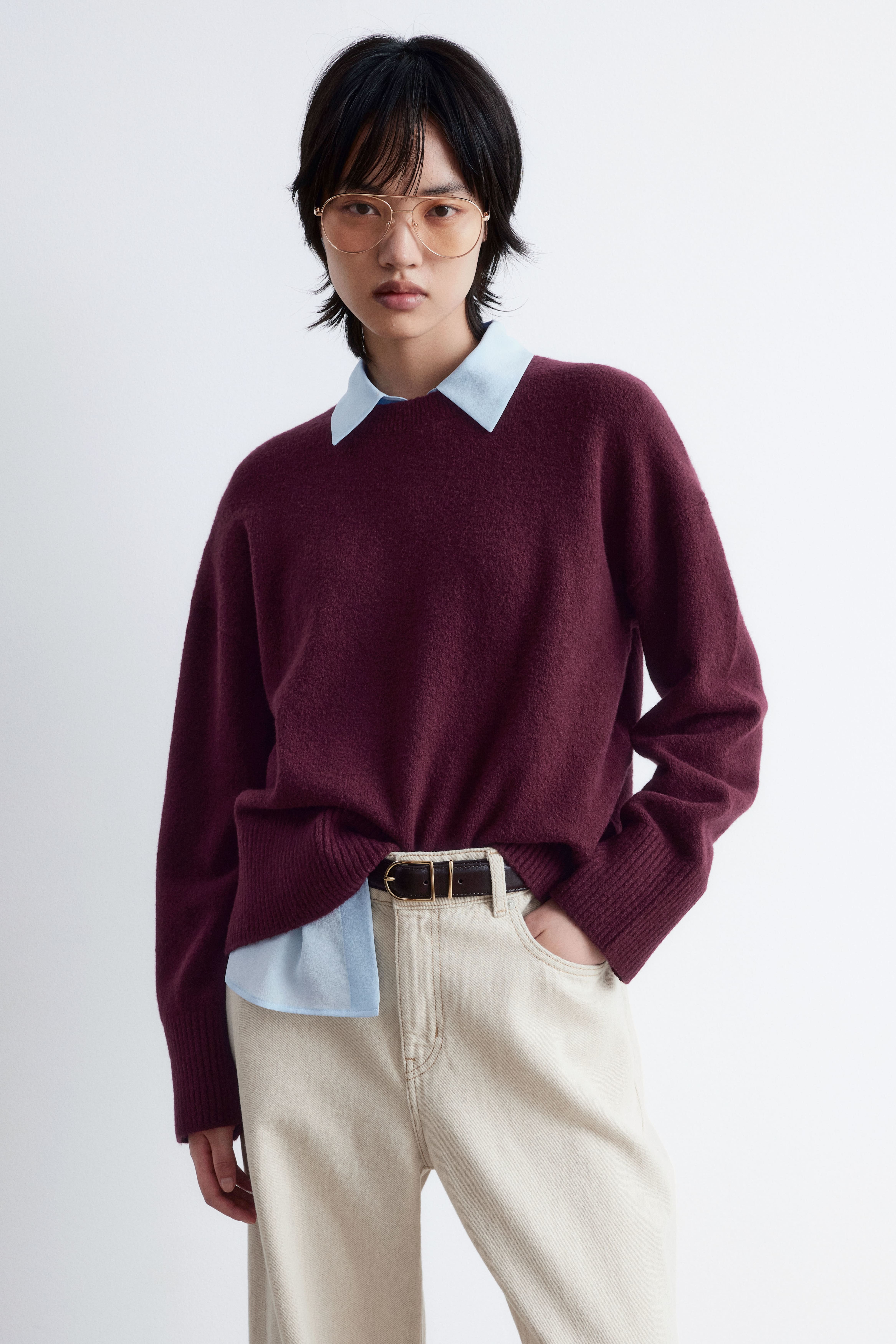 Striktrøje med afslappet pasform - Mørkerød/Støvet pink/Hvid/Mørkebrun/Sort/Mørkeblå/Syrenfarvet/Gråmeleret