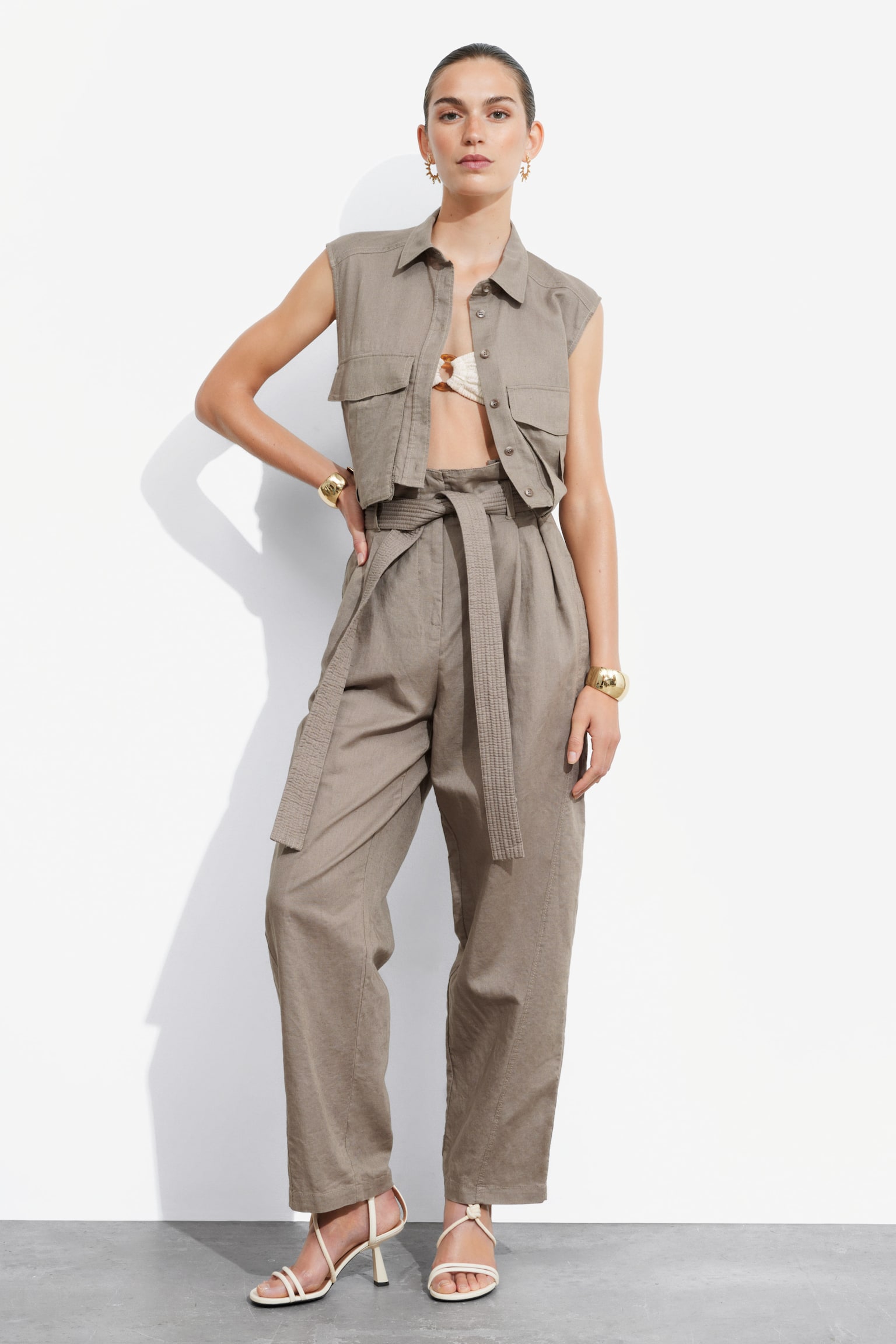 Linen-Blend Paperbag Trousers - Mole - 1