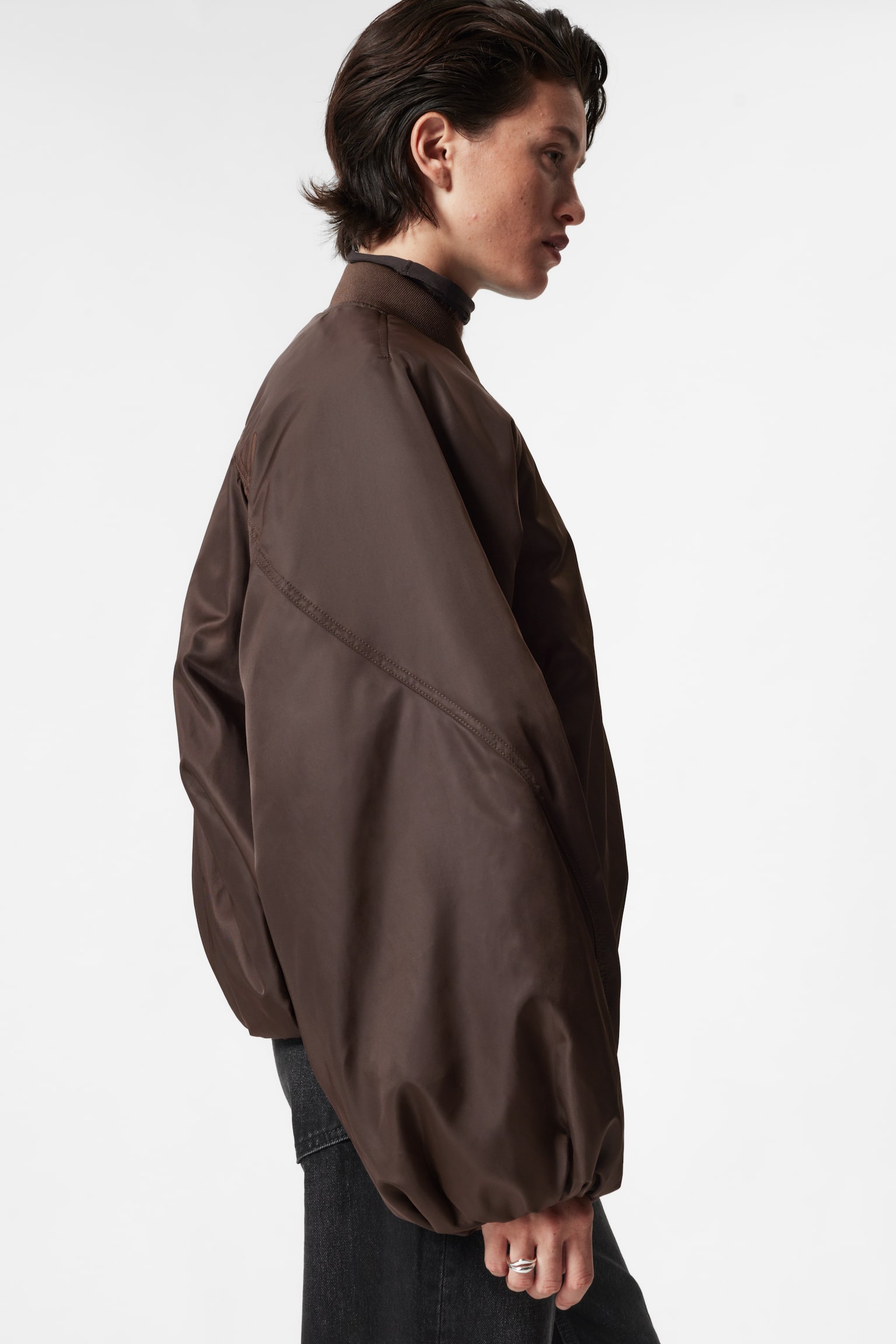 Voluminous-Sleeve Bomber Jacket - Dark Brown - 7