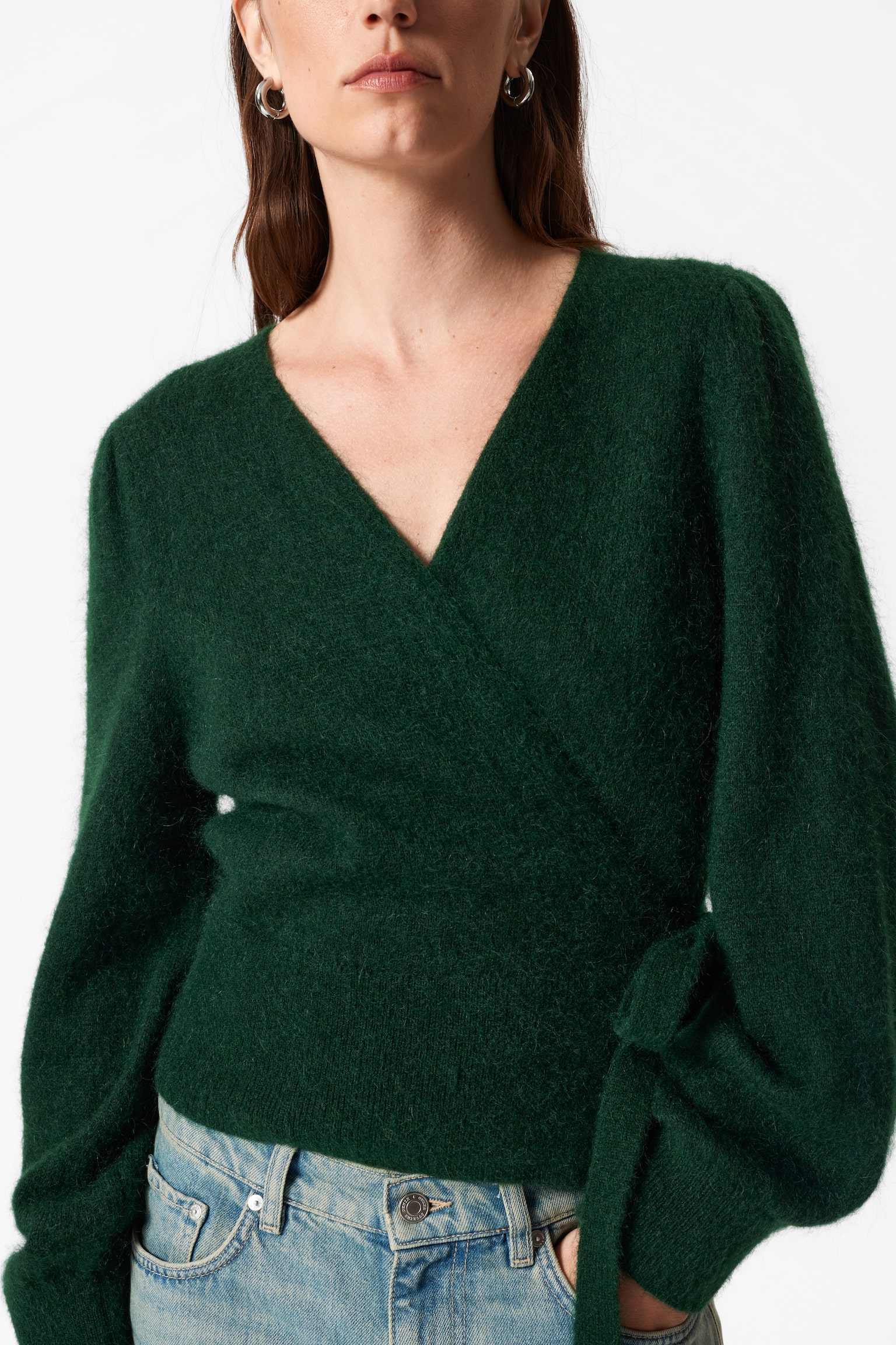 Mohair-Blend Knitted Wrap Cardigan - Dark Green/Beige/Beige - 4