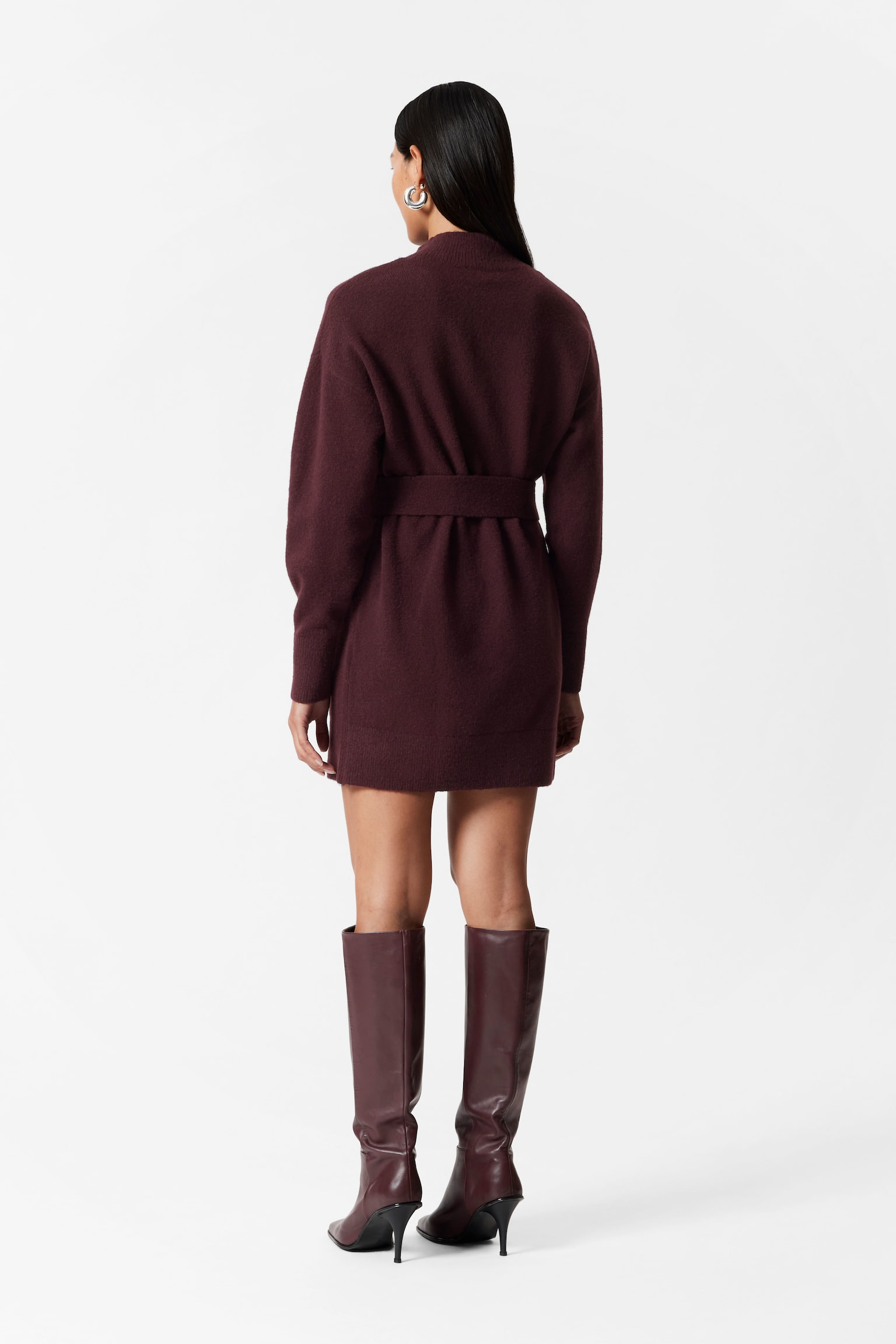 Belted Mini Knit Dress - Dark Red/Black/Grey - 5