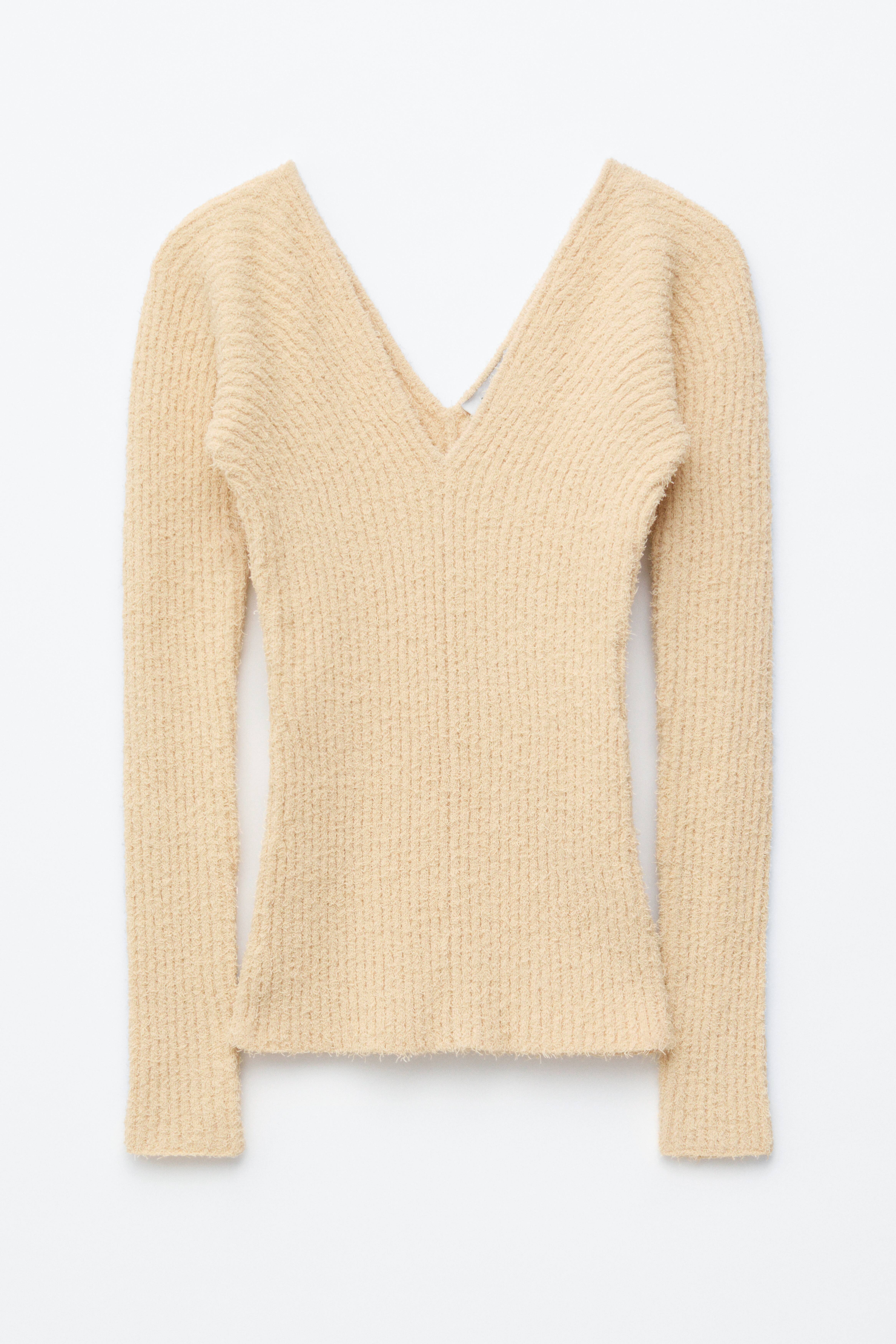 Maglia a coste con scollo a V - Giallo burro