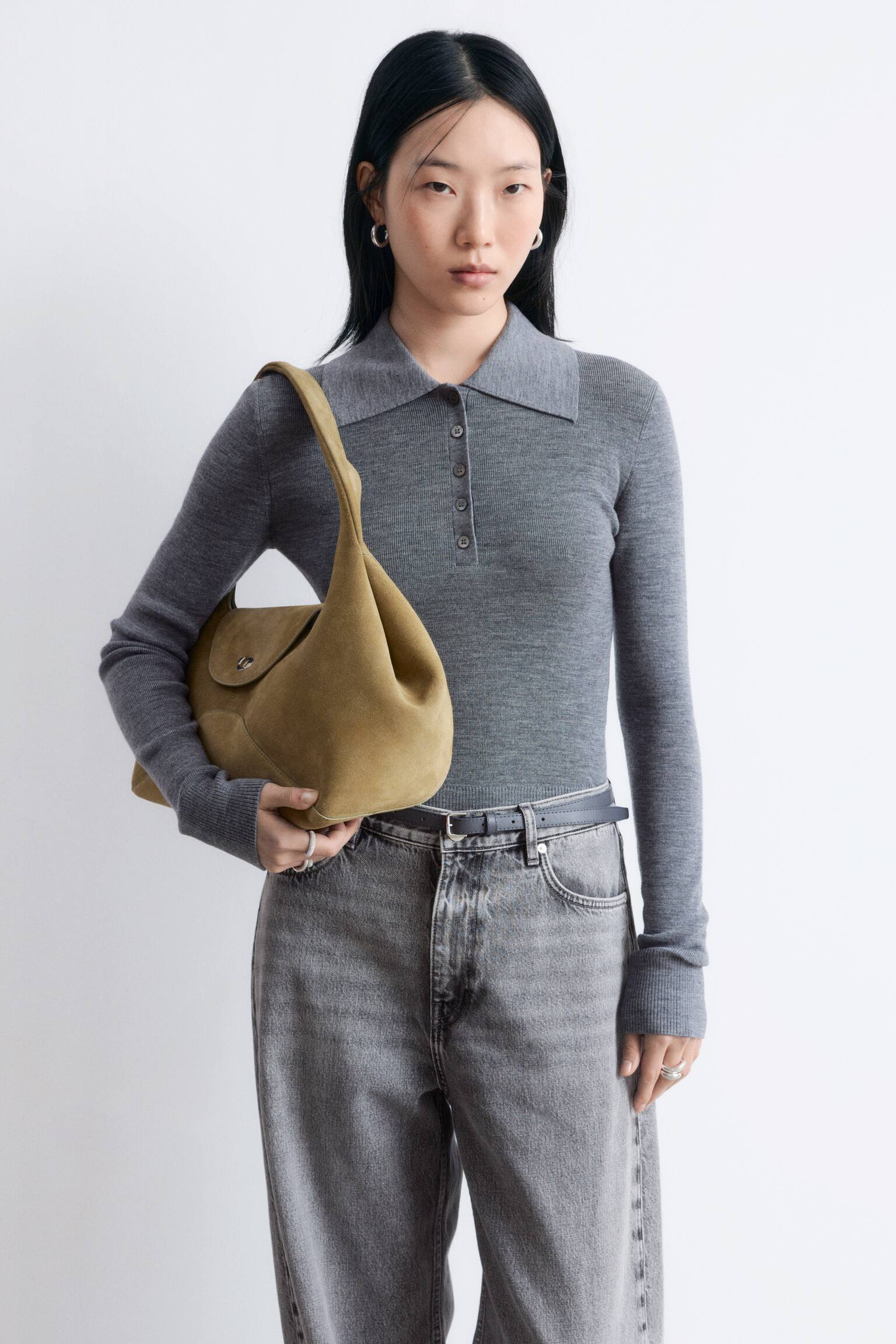 Ribbstickad pikétröja i merinoull - Grå/Melange/Mörkbrun/Persika - 1