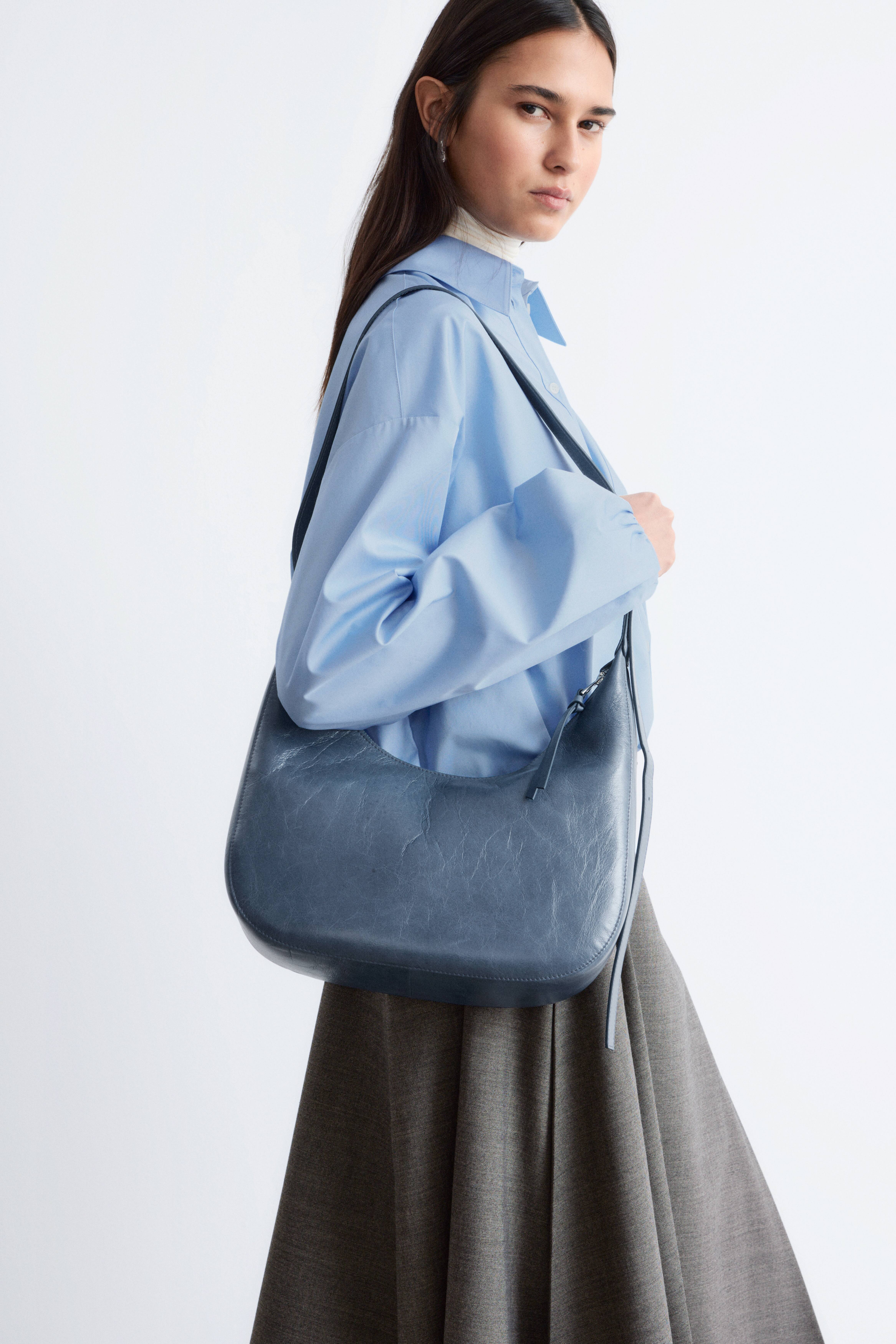 Τσάντα Χιαστί Crescent - Dusty Blue Leather/Σκούρο Καφέ Δέρμα/Μπεζ Σουέτ