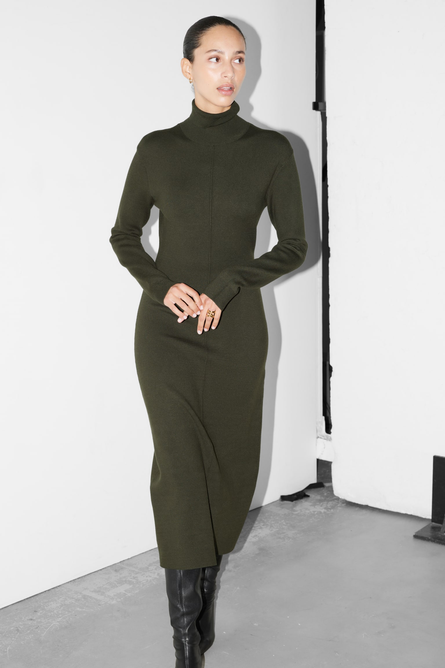 Knitted Roll-Neck Midi Dress - Dark Green - 5