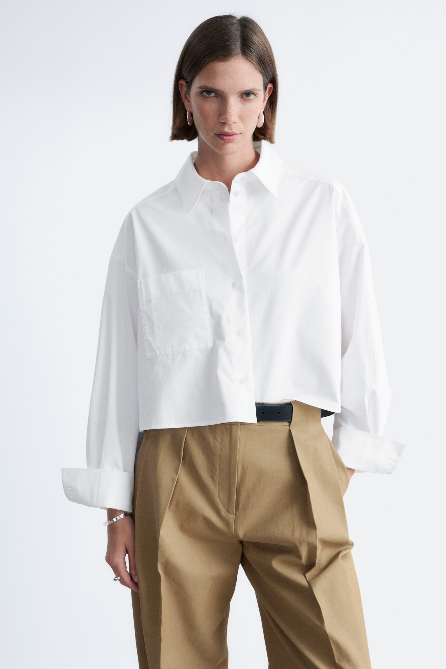 Cropped Oversized Cotton Shirt - Wit/Pastelroze - 6