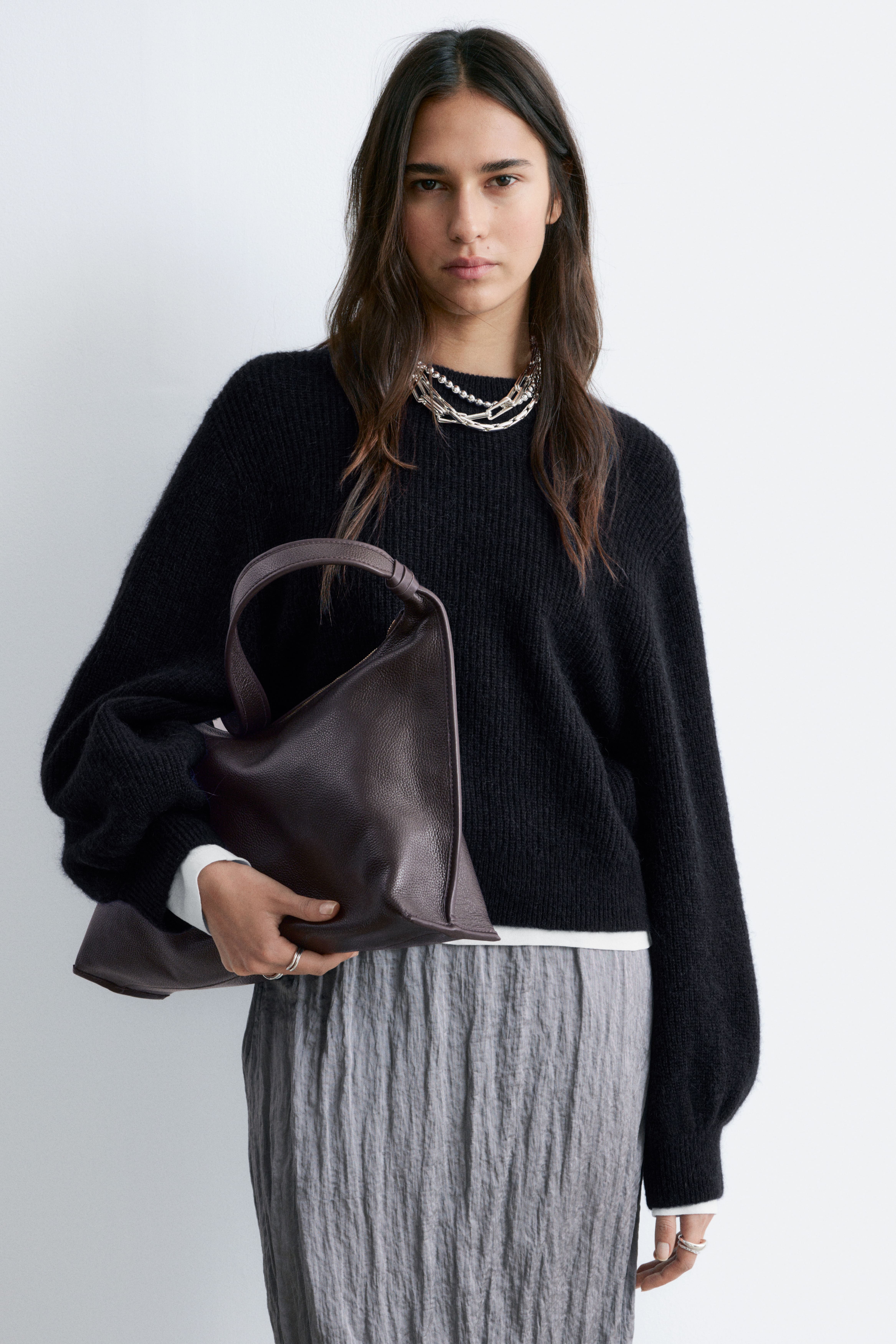 Maglione in misto alpaca con maniche a palloncino - Blu navy/Rosso/Marrone