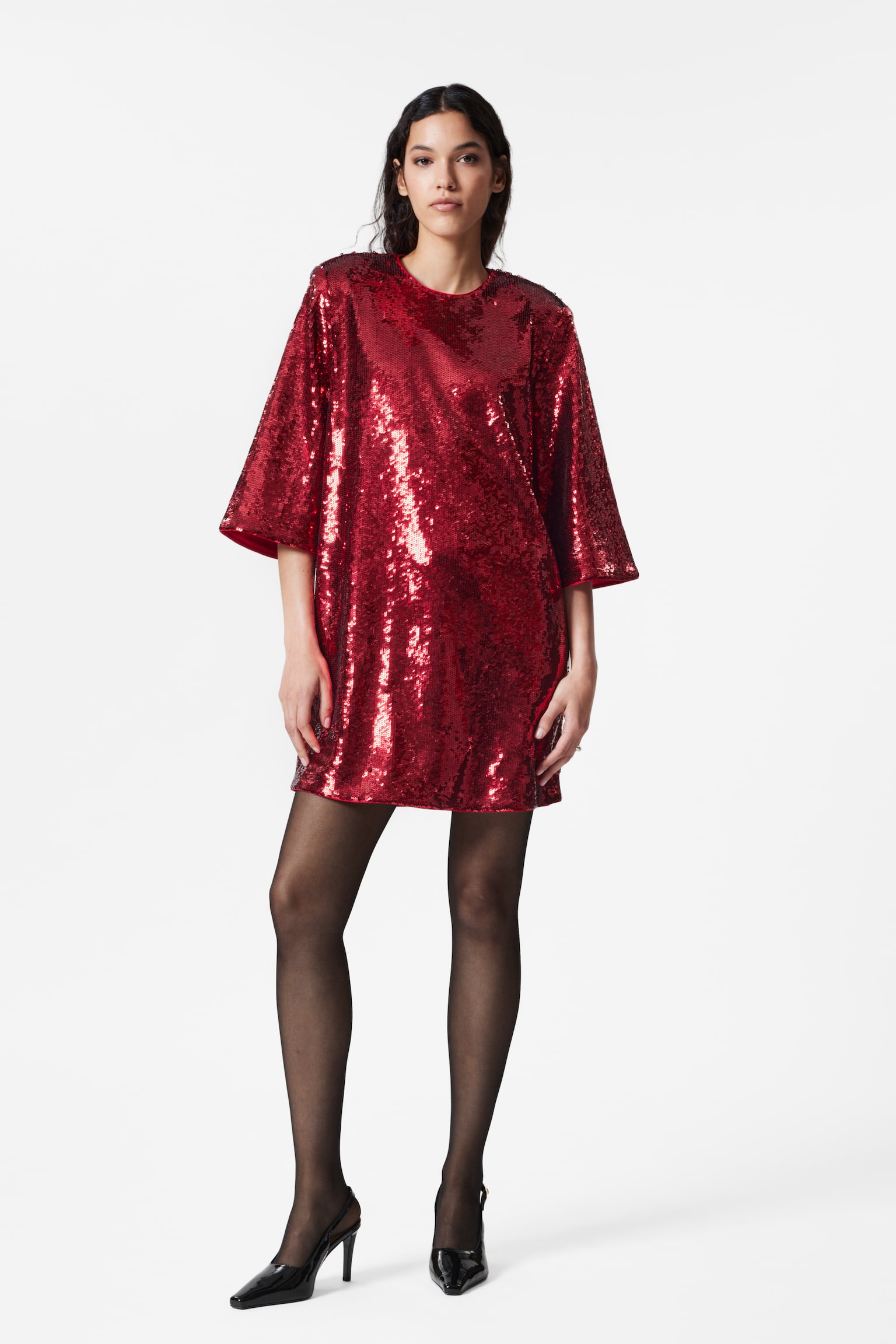 Sequined Mini Shift Dress - Black/Red