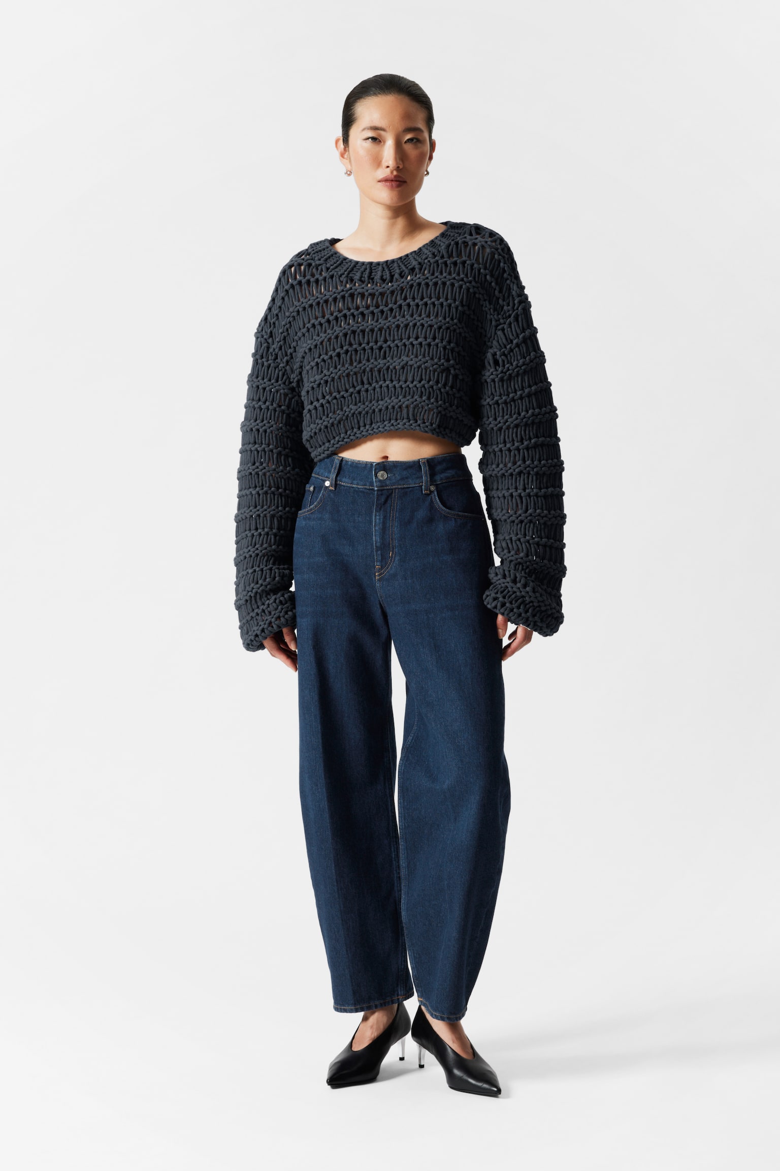 Cropped Open-Stitch Jumper - Navy - 6