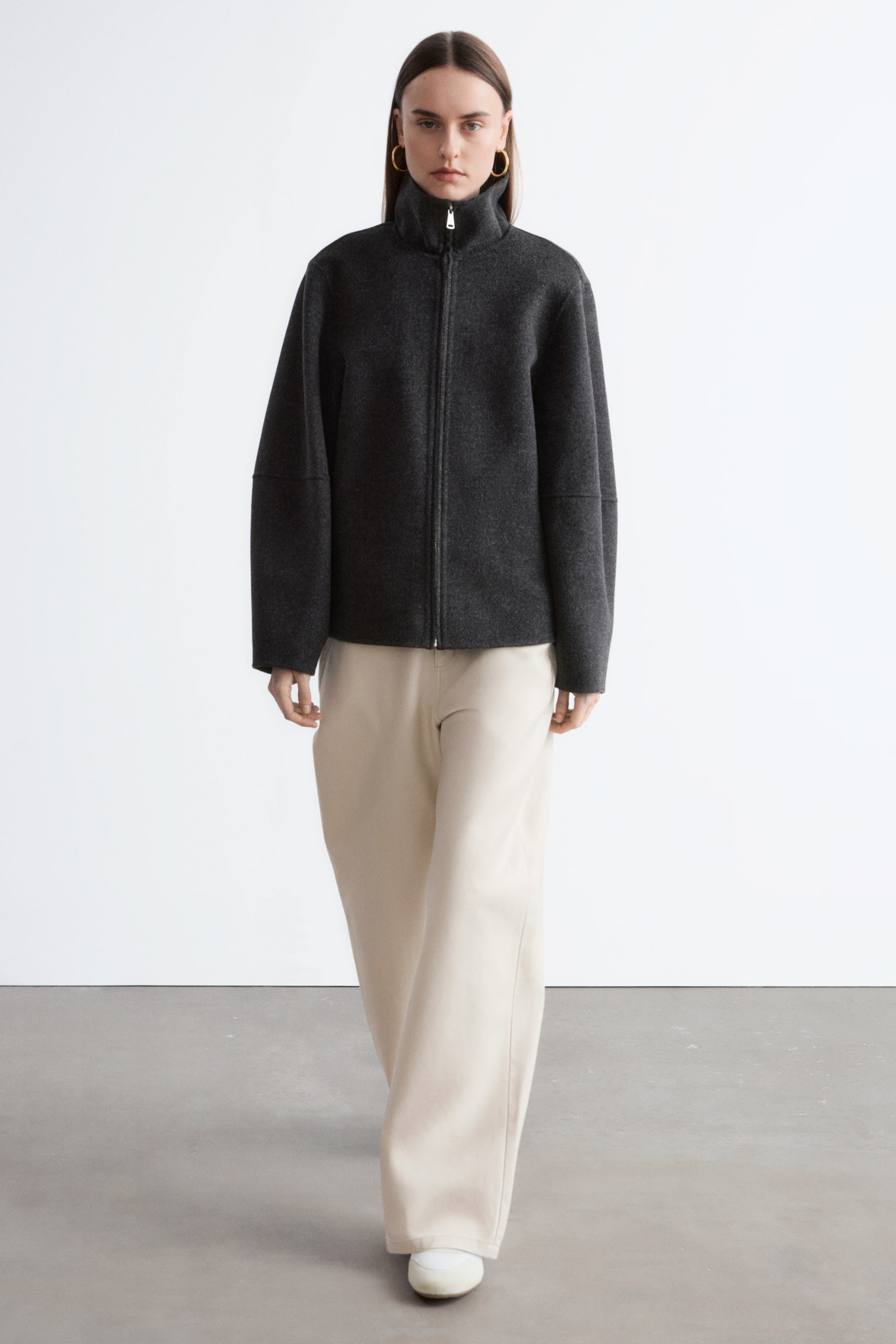 Uldjakke med lynlås - Dark Grey/Dark Beige - 8