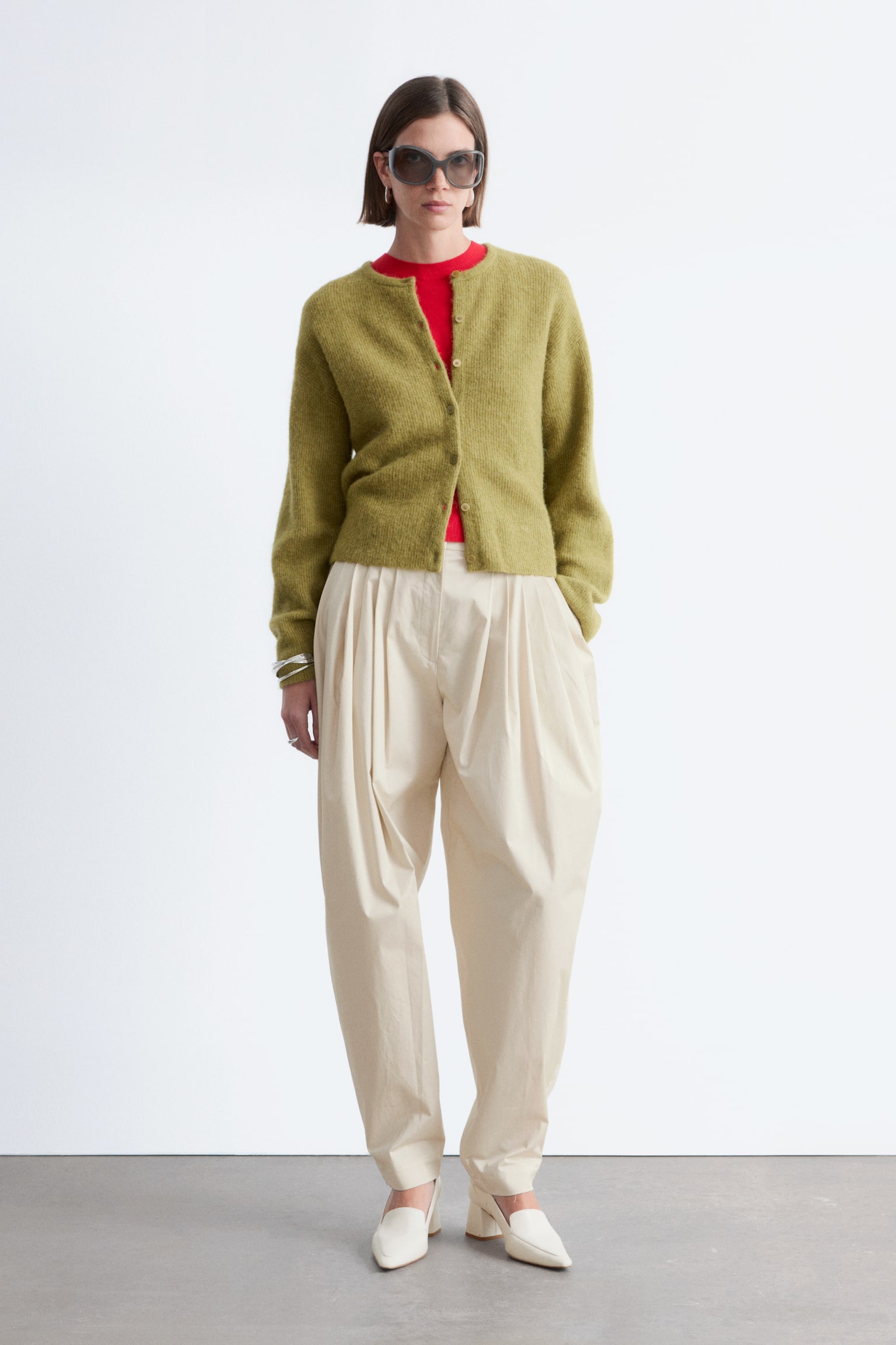 Gebreid vest van alpacawolmix - Groen/Oudroze/Pastelgeel/Wit/Beige/Grijs/Taupe-bruin - 1