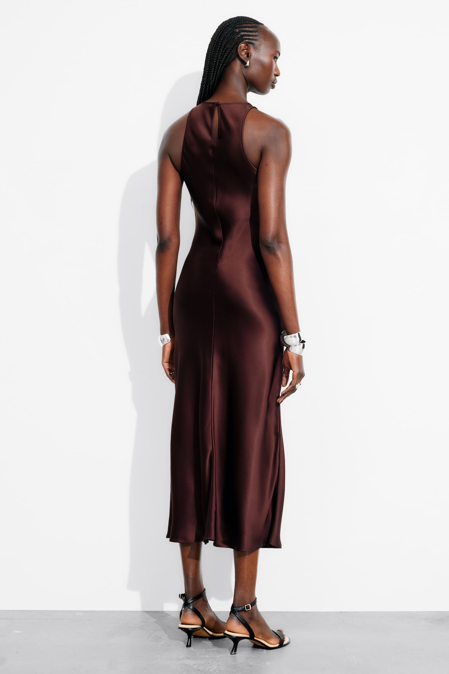 Sleeveless Satin Midi Dress - Dark Red/Light Grey/Red/Black - 5