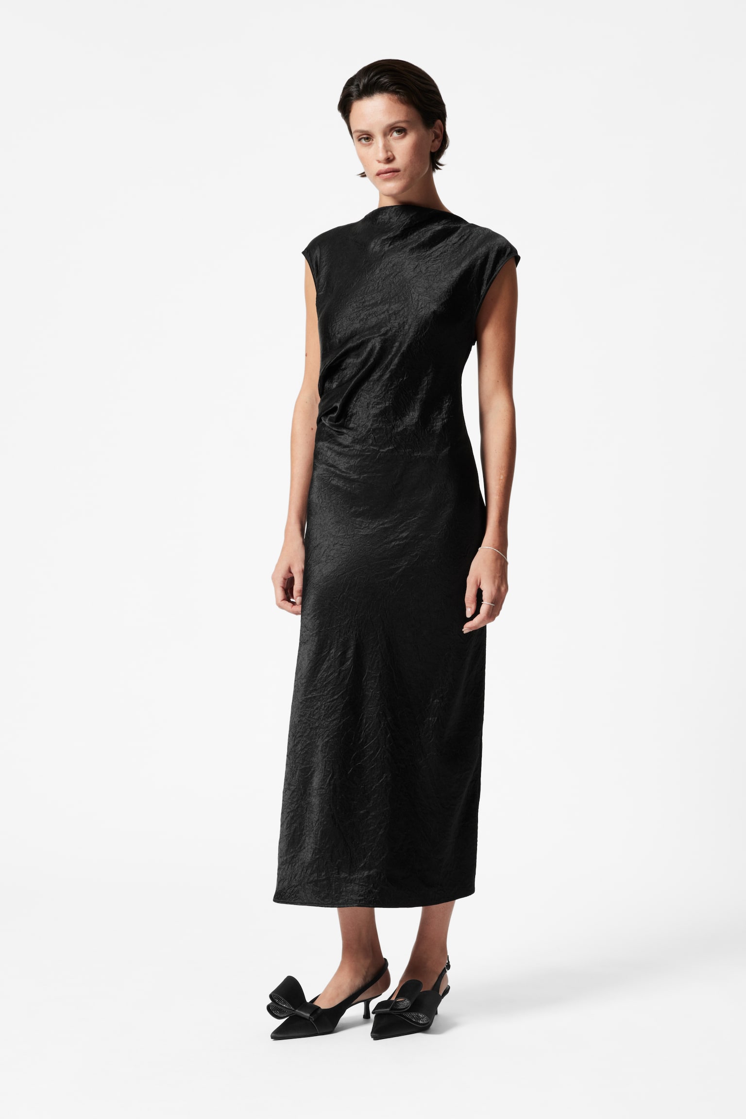 Satin Boat-Neck Midi Dress - Black