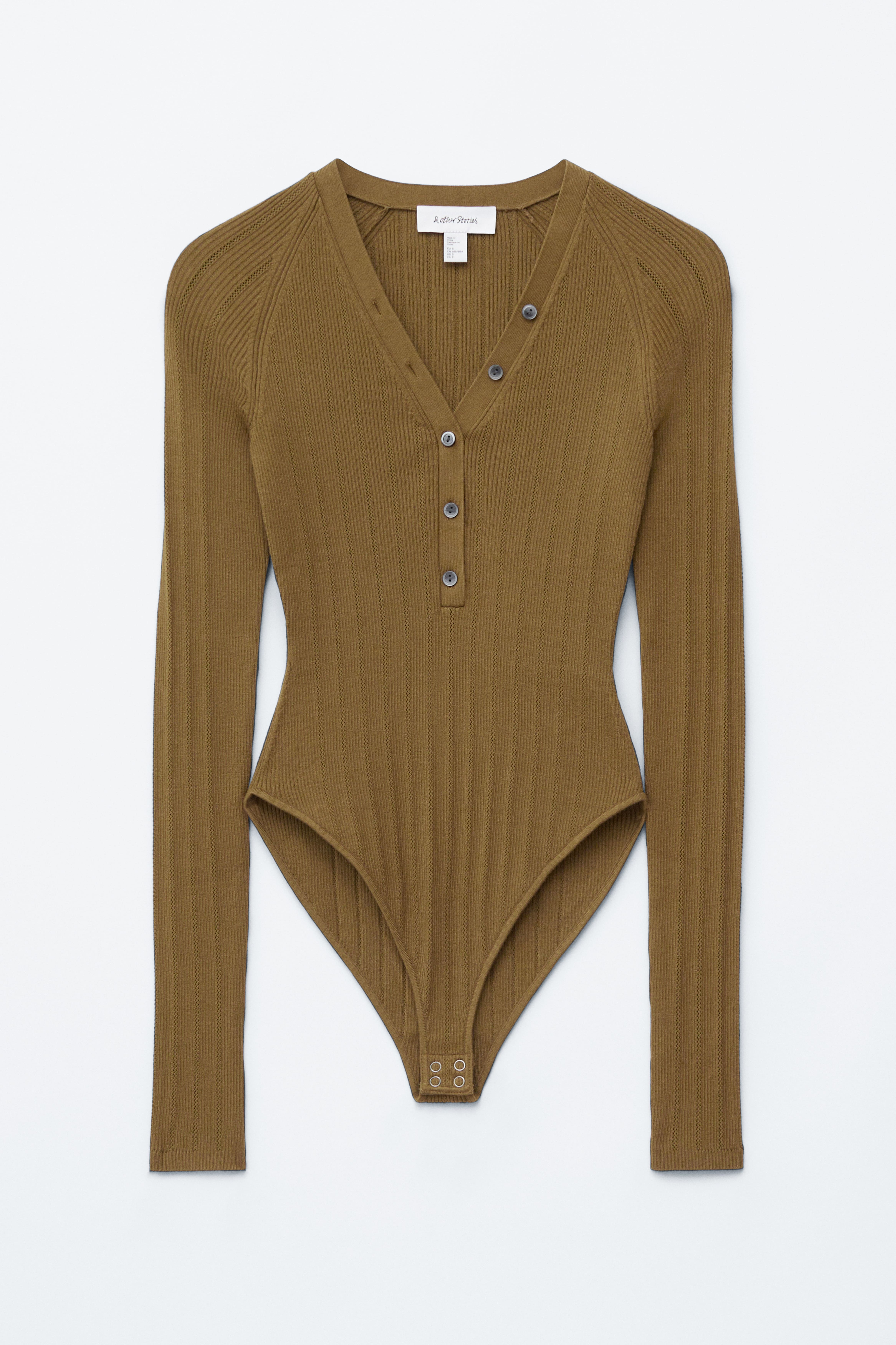 Ribbstickad långärmad body - Olivbrun/Mörkbrun