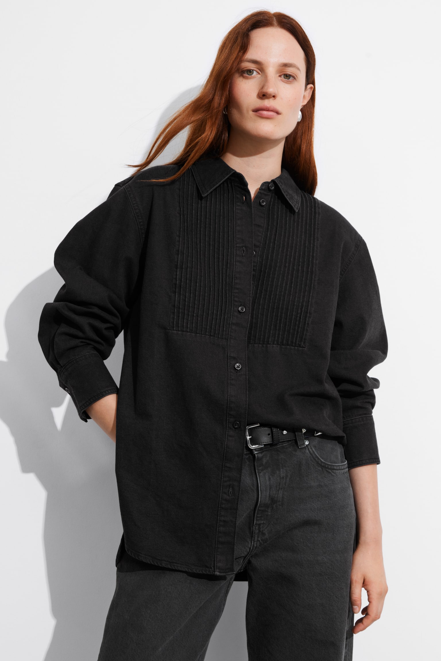 Pleated Denim Shirt - Black - 1