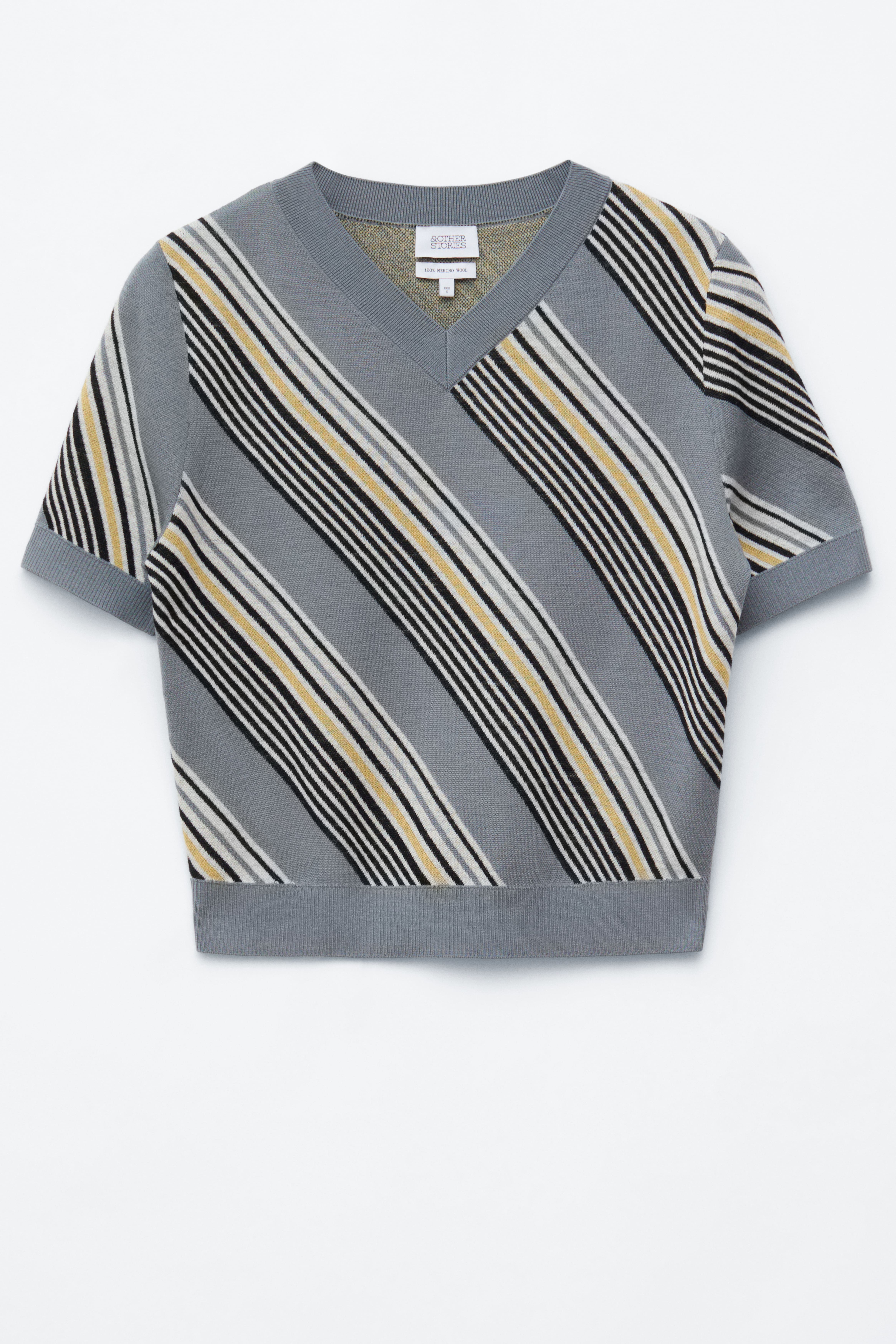 T-shirt in lana a righe con scollo a V - Righe rosso/giallo