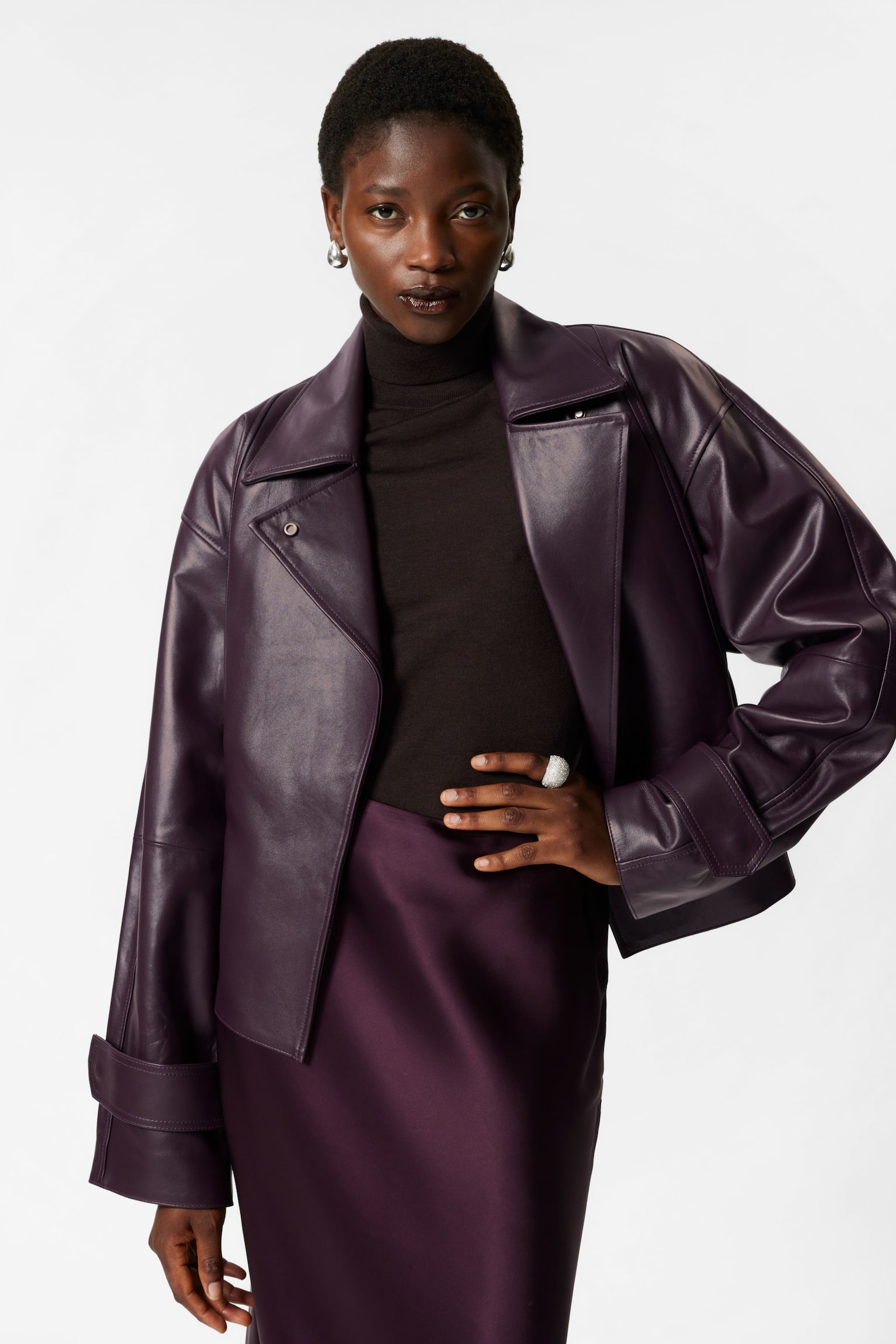 Belted Leather Jacket - Dark Purple - 4