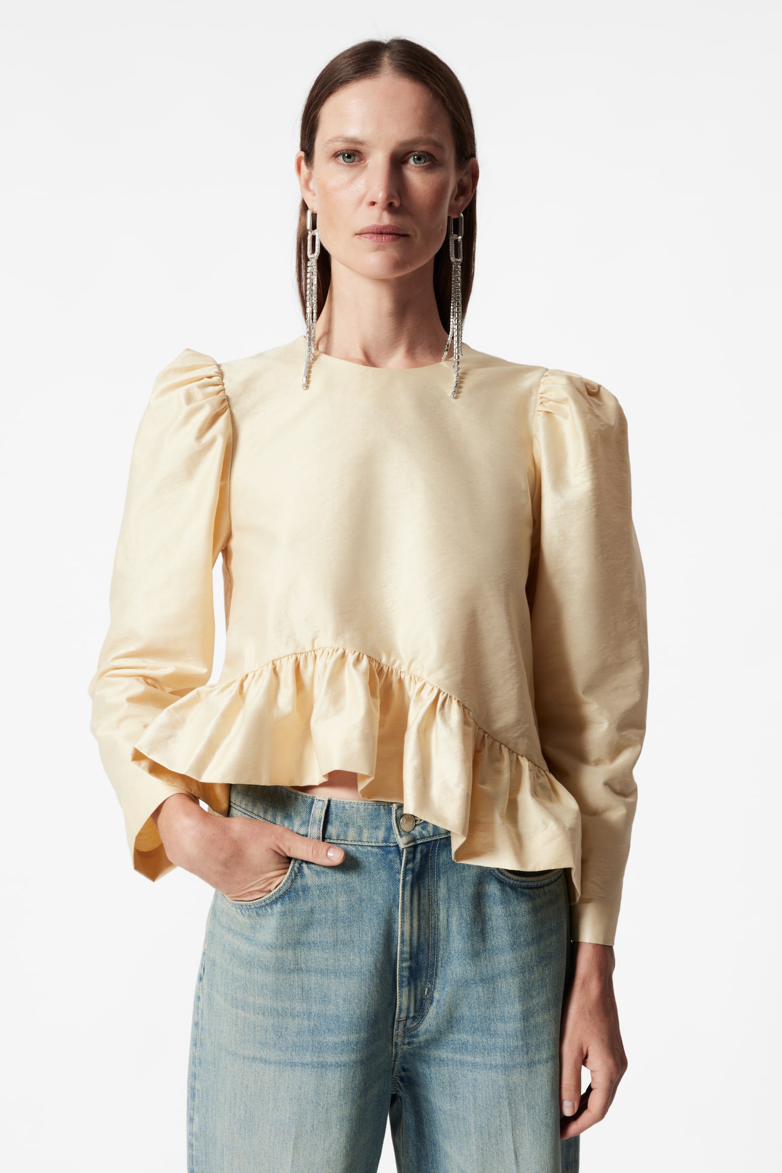 Asymmetric Ruffle-Peplum Blouse - Light Beige/Black