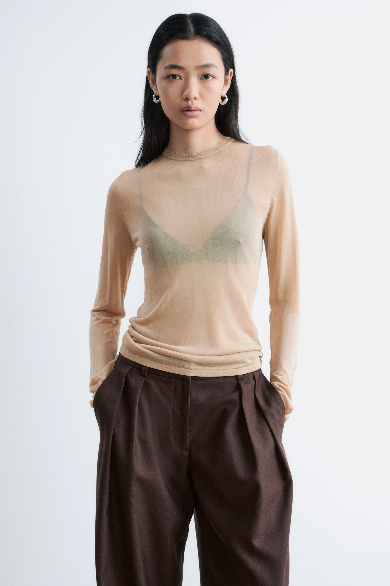 Fijngebreide doorschijnende top - Beige/Hemelsblauw - 1
