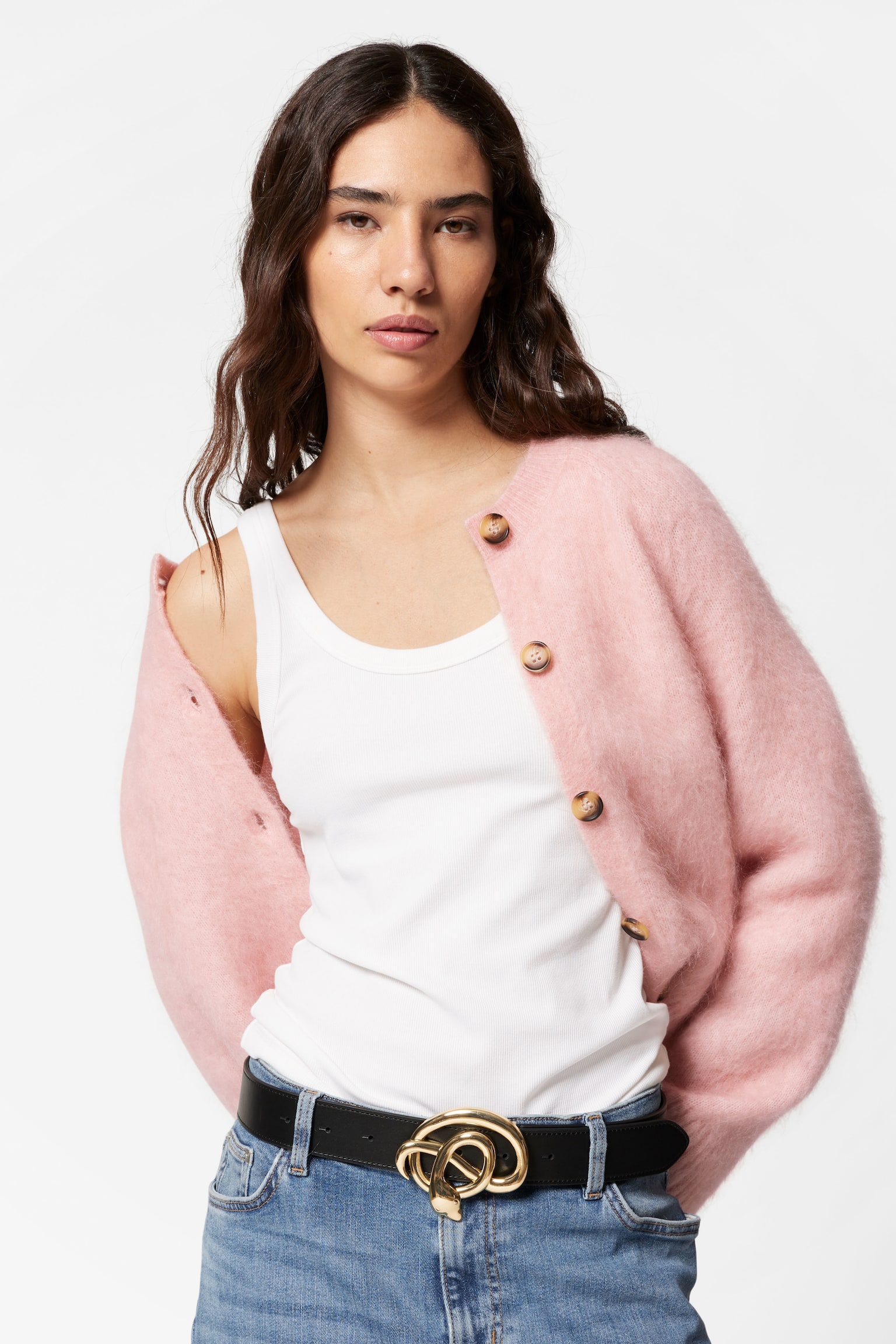 Mohair-Blend Knit Cardigan - Peach/Cream/Dark Grey - 5