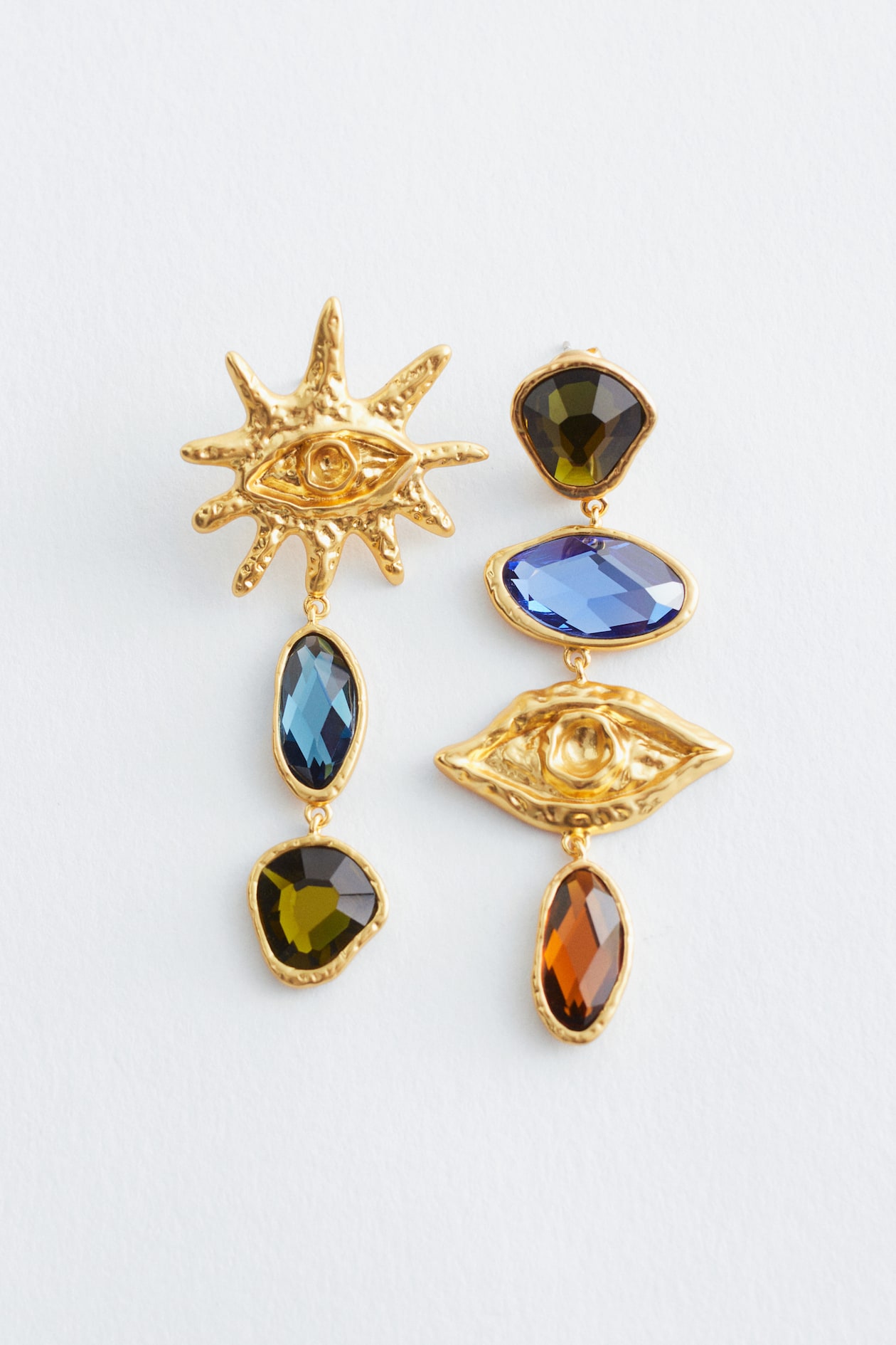 Lot De Boucles D'oreilles Dépareillées Dorées - Pendantes, Métal, Pierres Bleues Et Blanches
