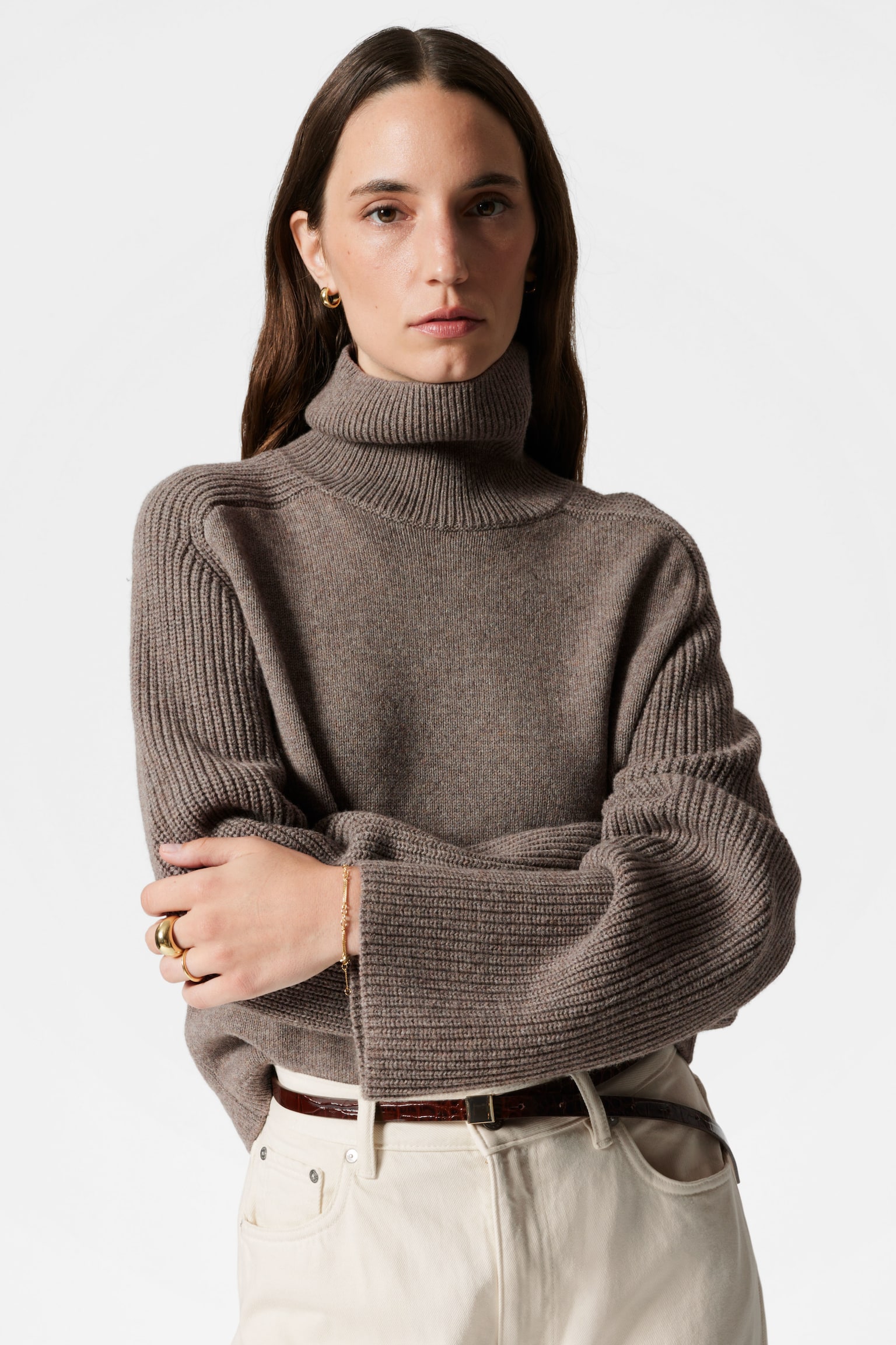 Boxy Turtleneck Jumper - Brown/Dark Grey - 1