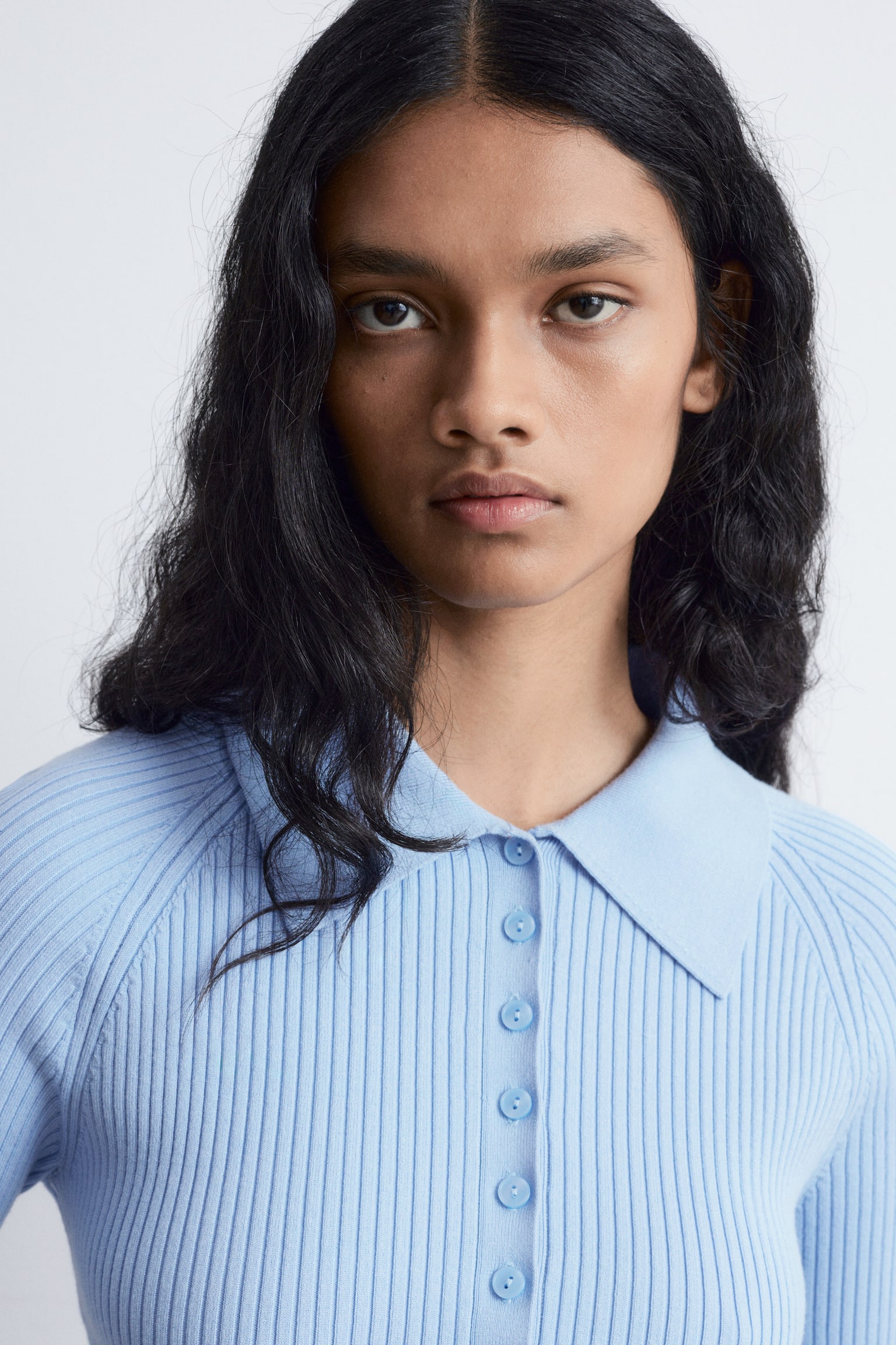 Rippstrick-Poloshirt - Hellblau/Karamellbraun - 6