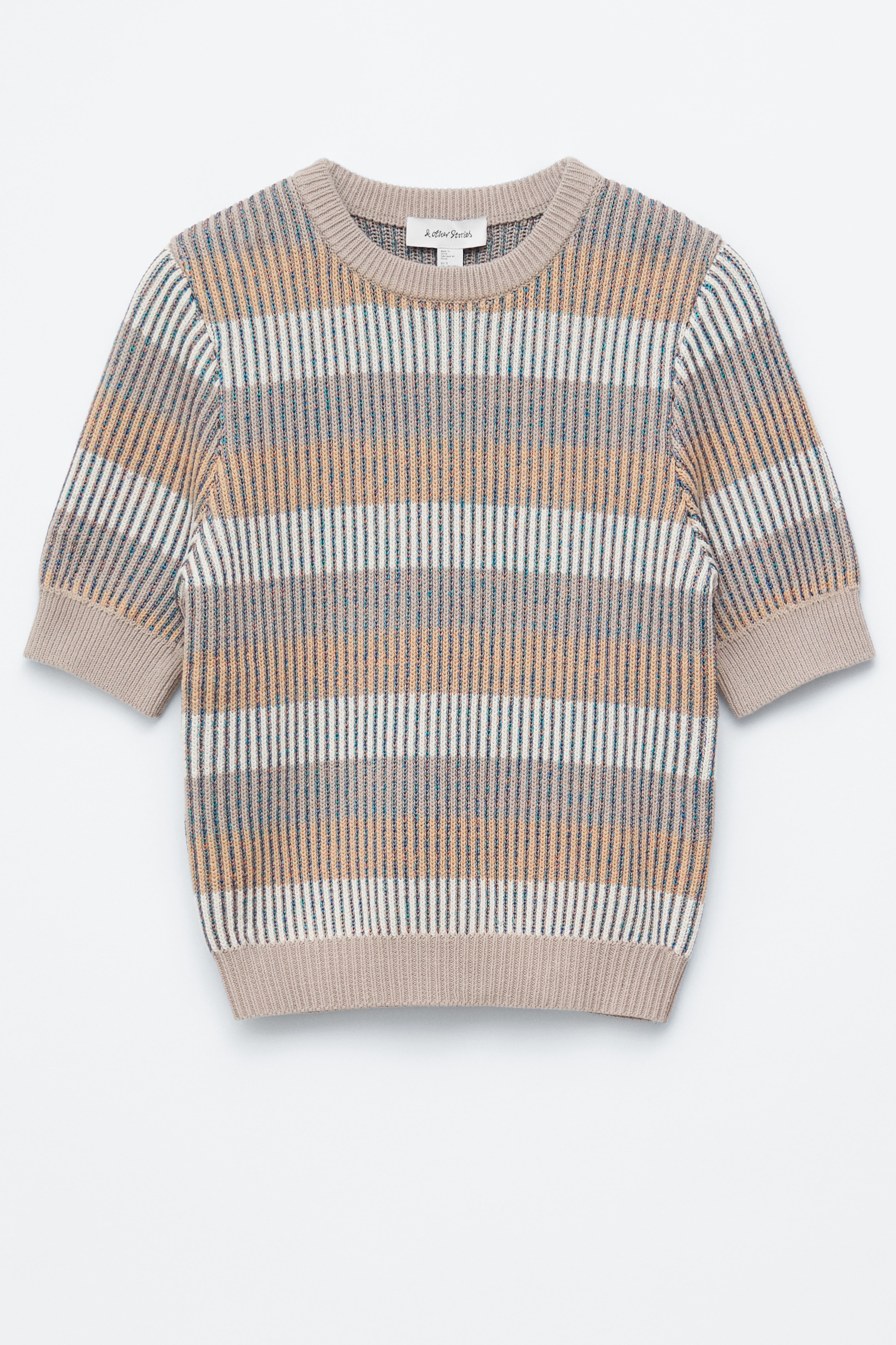 Ribstrikket T-shirt - Beige/striber