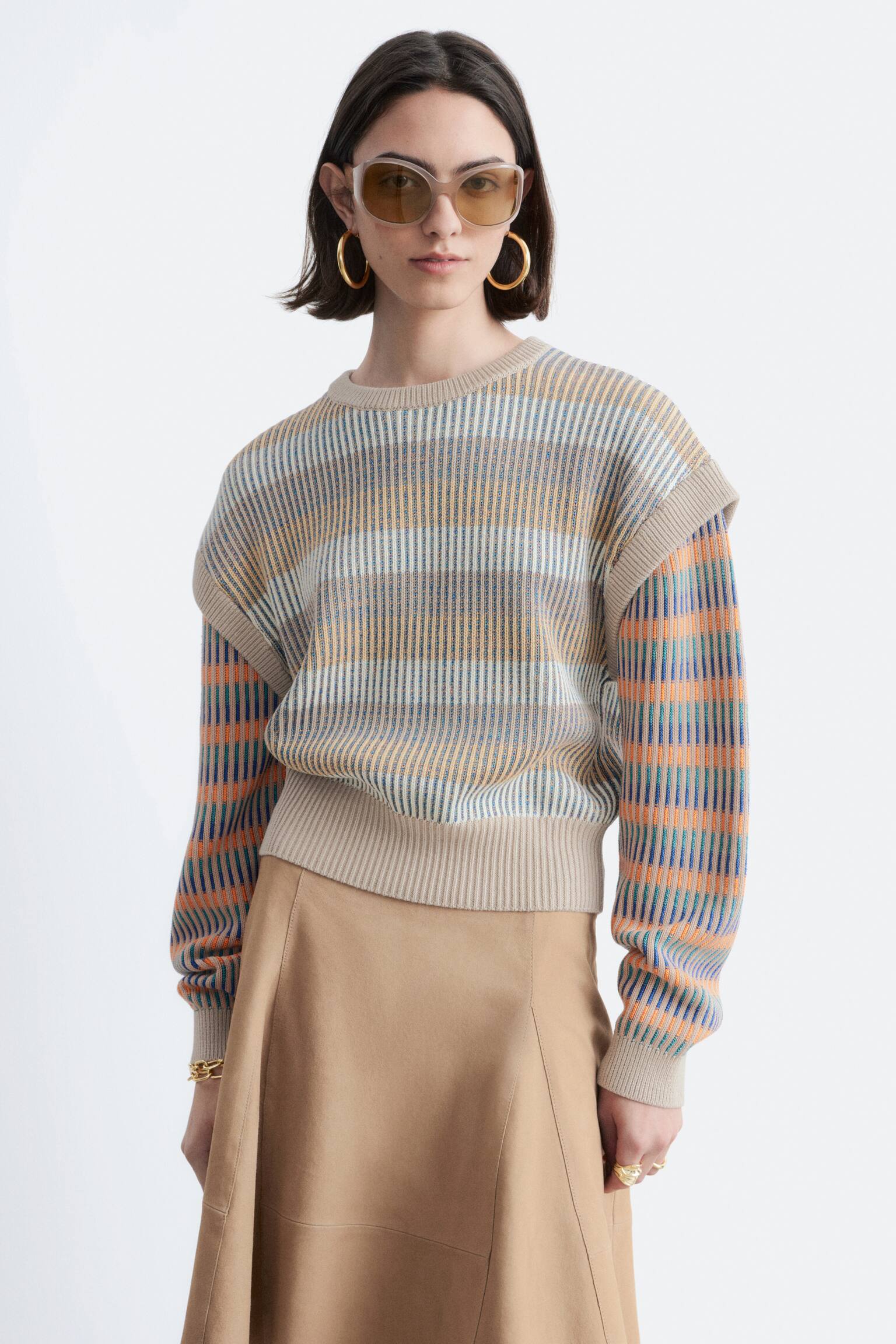 Maglione a pannelli con motivo a righe - Beige/Righe multicolore/Righe giallo/grigio - 1