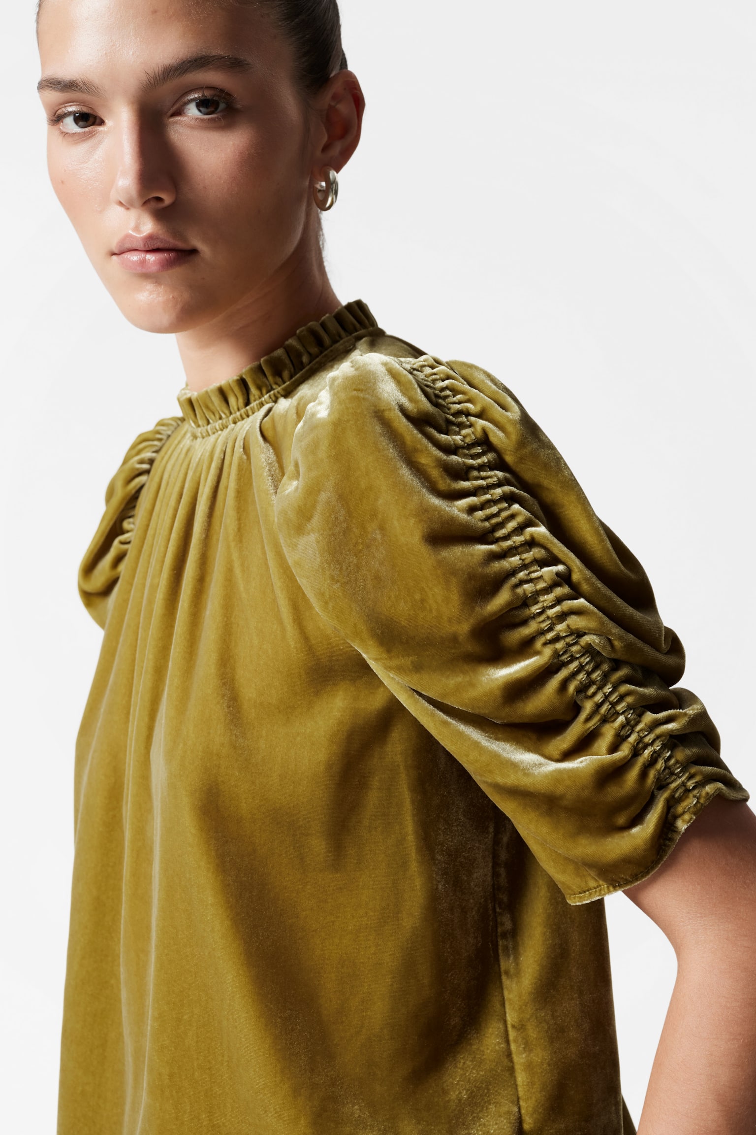 Puff Sleeve Velvet Top - Olive/Pale Yellow - 6