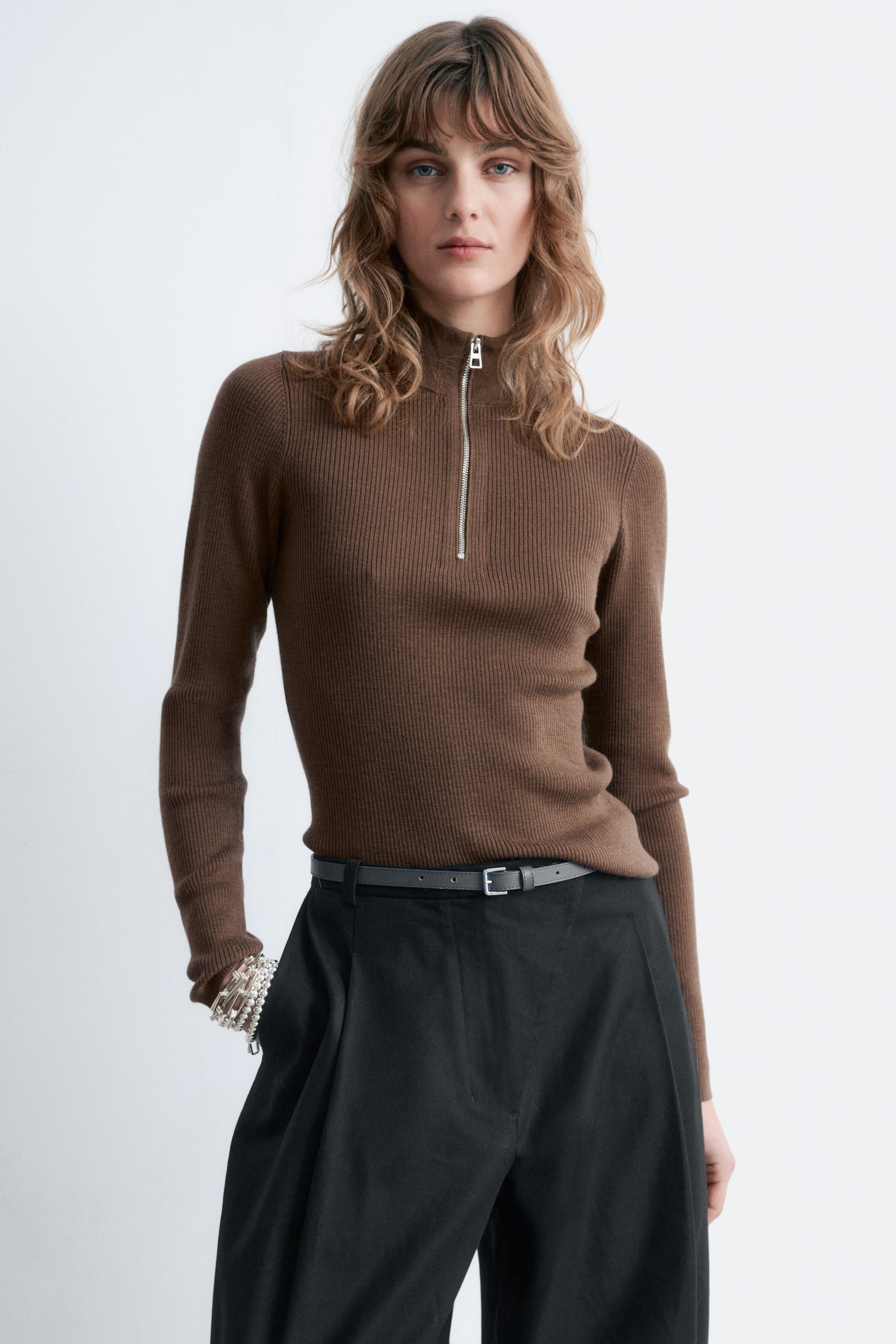 Pullover aus Wolle mit kurzem Reißverschluss - Braun - 1