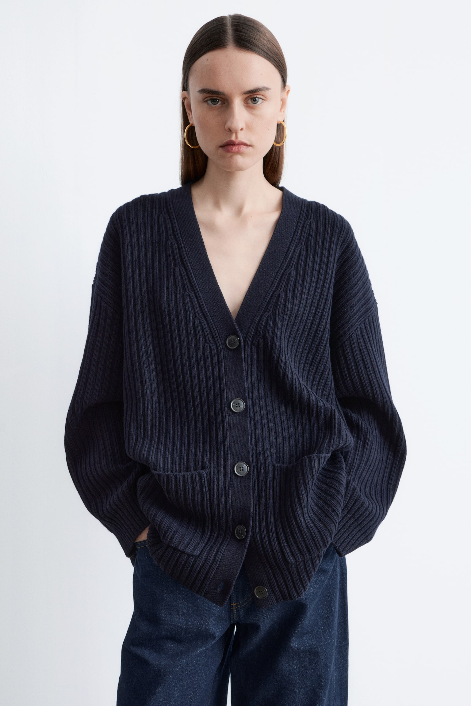 Cardigan in maglia con lavorazione a coste - Blu scuro - 1