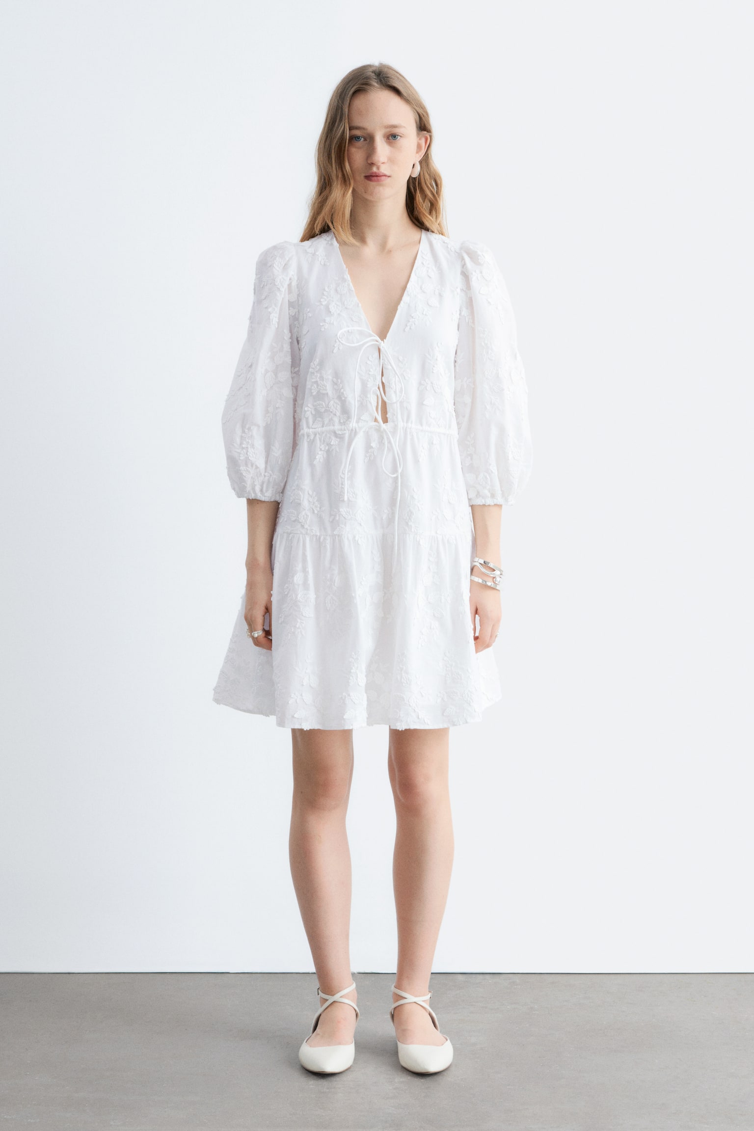 Embroidered Mini Dress - White - 5