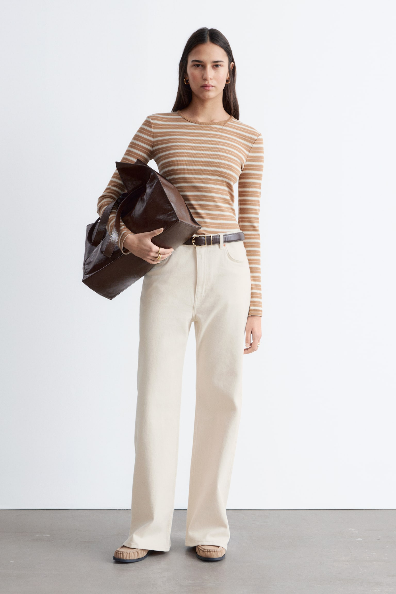 Geribbelde top met lange mouwen - Bruin/witte strepen/Wit/Pastelgeel/Beige/zwarte strepen/Lichtgrijs/Donkerbruin/Zwart - 4