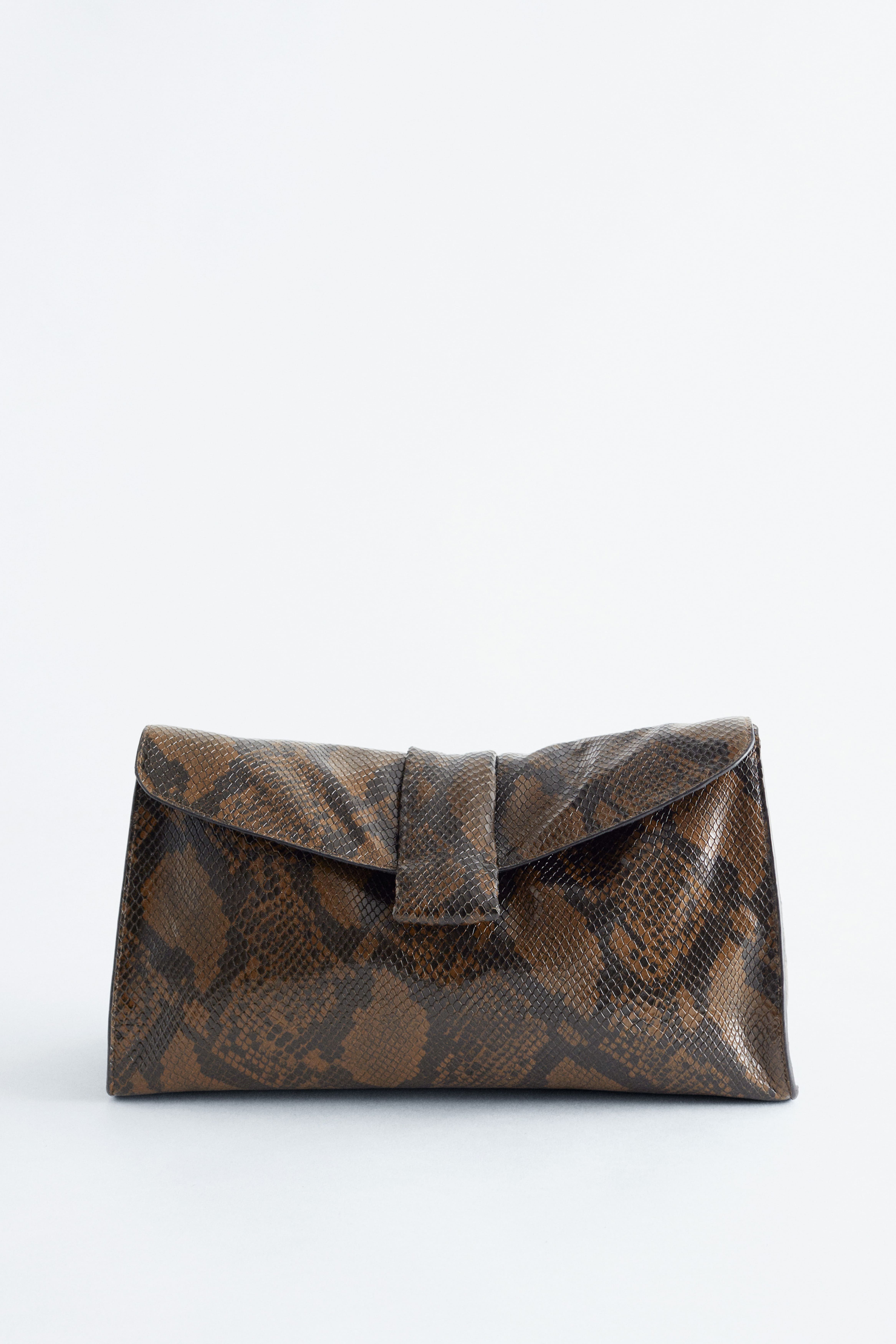 Zachte leren clutch - Donkerbruin/imitatie slang/Zwart